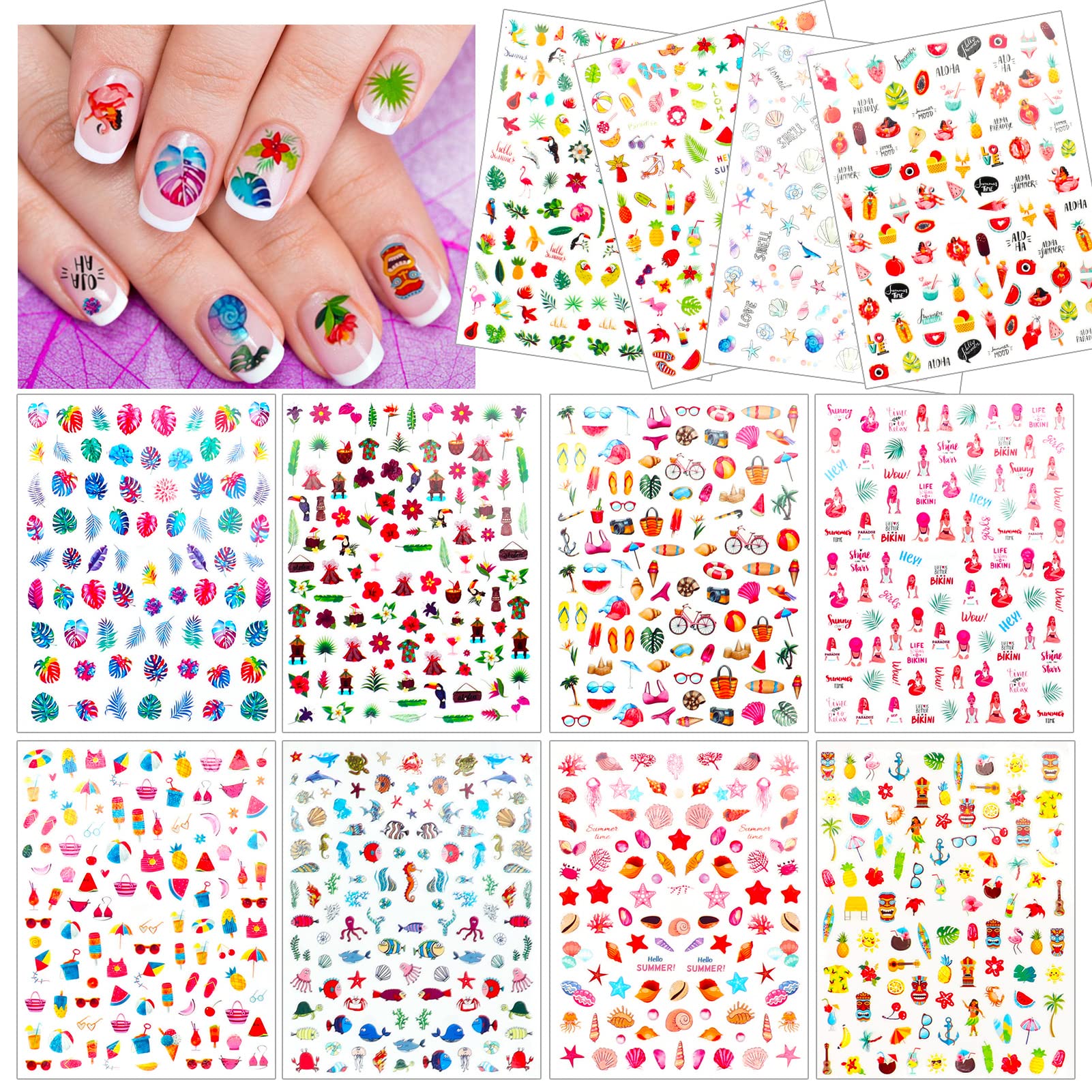 Howaf 1200+ Summer 3d Nail Art Nails For Women Girls Nail Decals, False Nails Stickers Cosmetic Accessories, Hawaiian Tropical Palm Flowers Hibiscus Animal Marine Flamingo Tiki