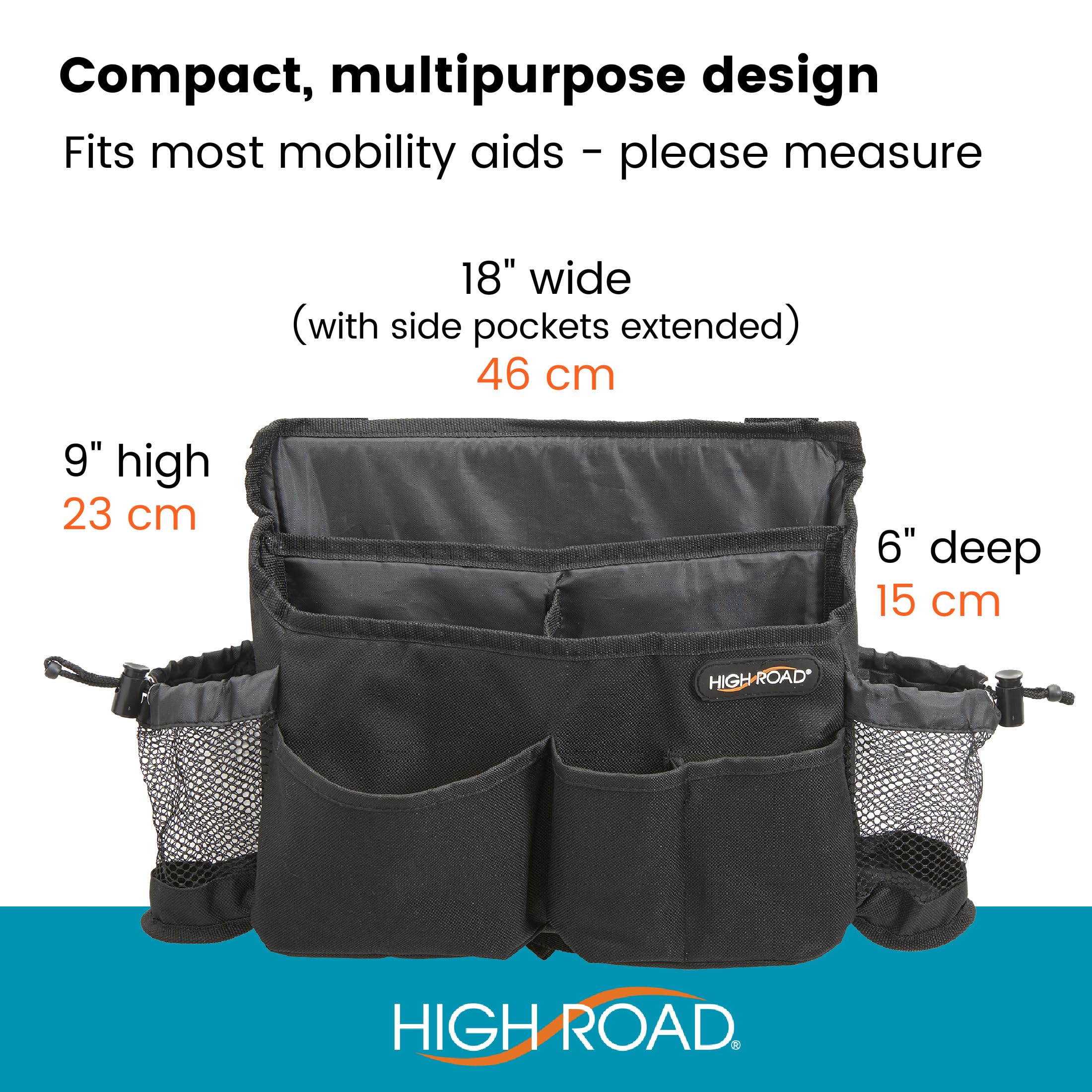 High Road Mobility Scooter Bag, Walker Caddy and Wheelchair Storage Bag - 8-Pocket Mobility Organizer with Bottle and Cup Holder for Wheelchairs, Walkers and Scooters