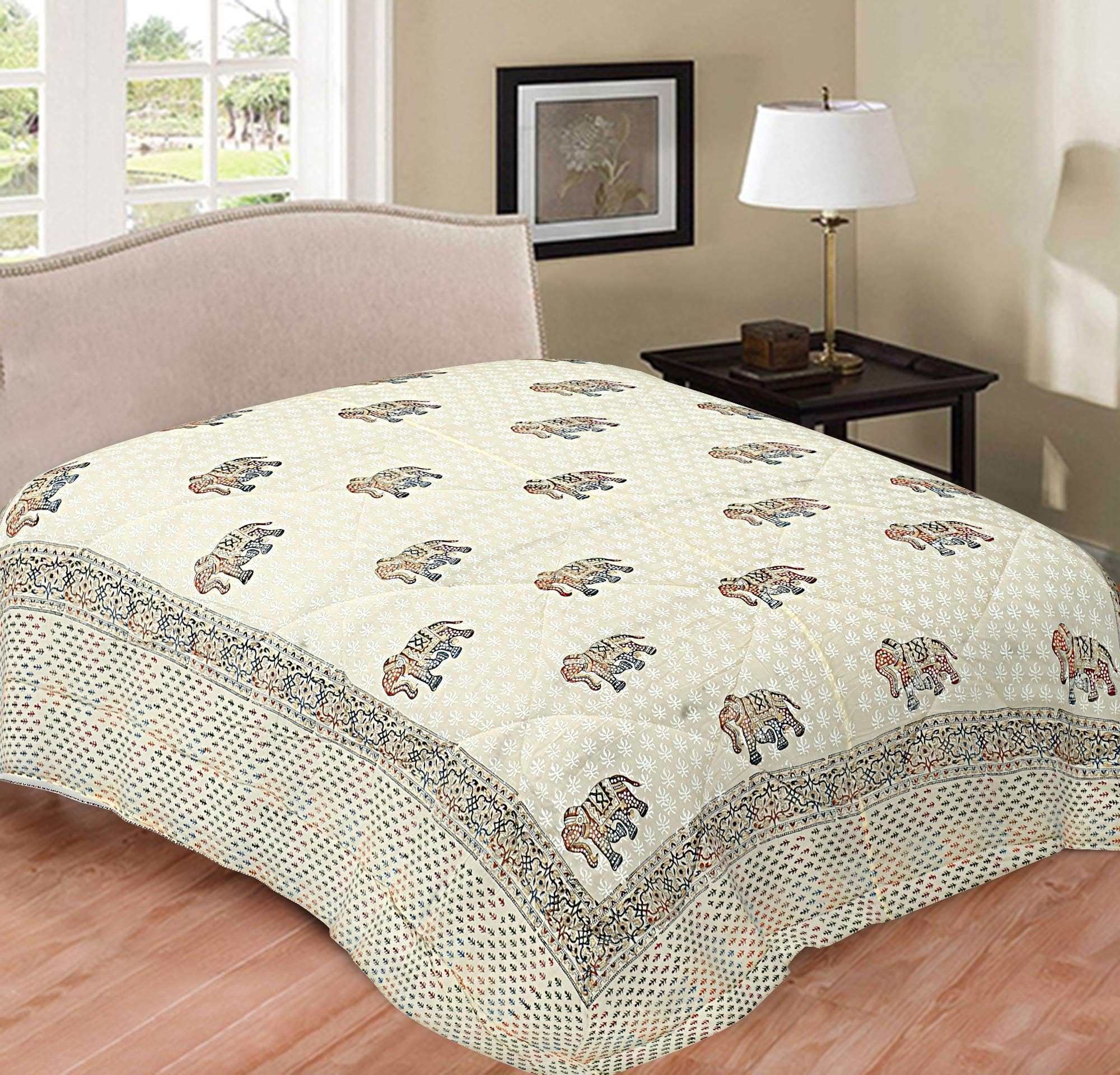 Jaipuri haat Rajasthani Print 200 GSM Microfibre Filled Single Duvet/Comforter/Quilt with Travel Bag (Gold, elephant, Standard - 90 x 62 inch)