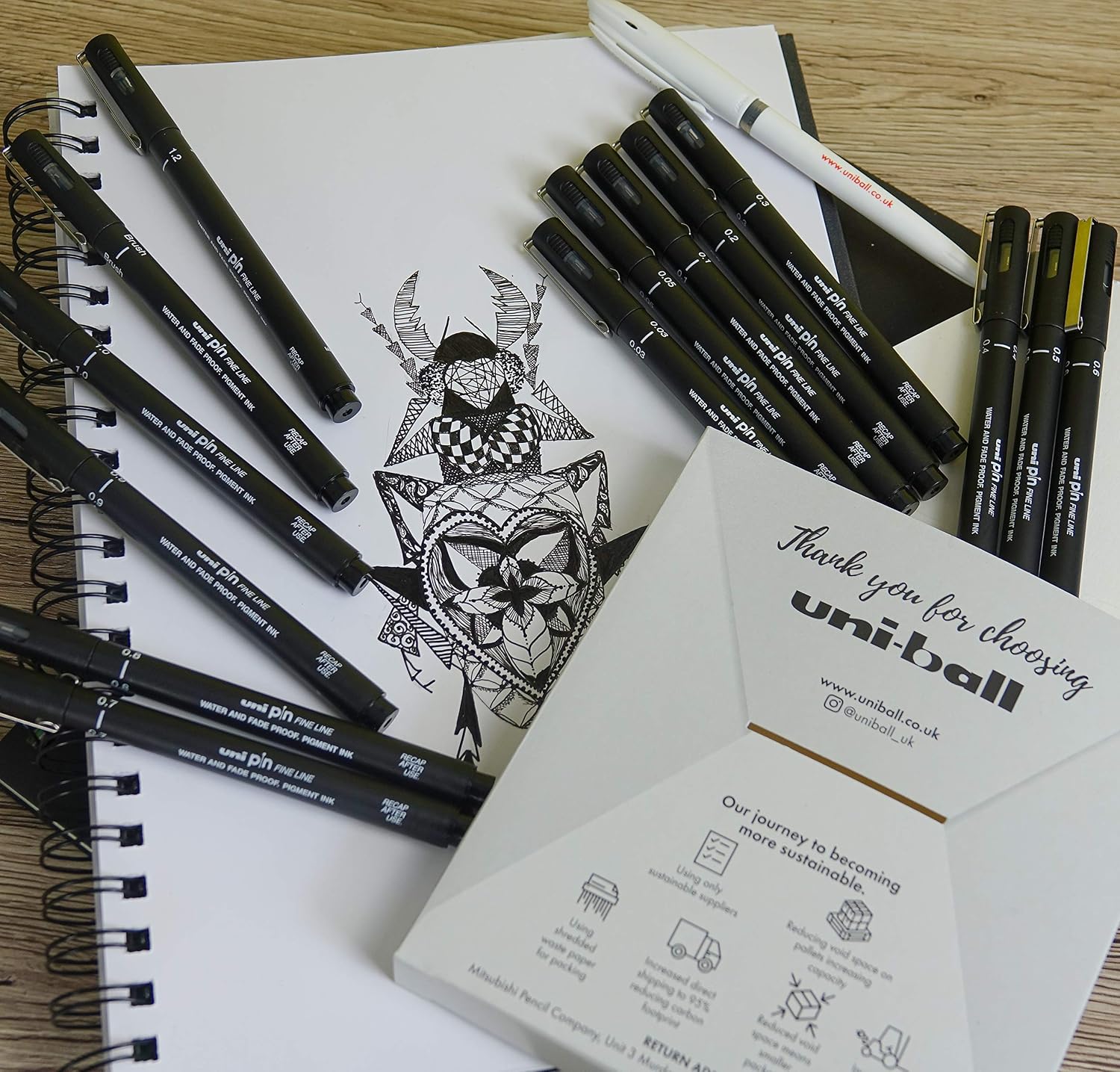 uni-ball Uni Pin Black Fineliners. Premium Assorted Nib Sizes + One Gel Pen for Precise Sketch Handwriting & Technical Drawing. Permanent Fade and Waterproof Super Ink Art Pens. Set of 14 - Image 3