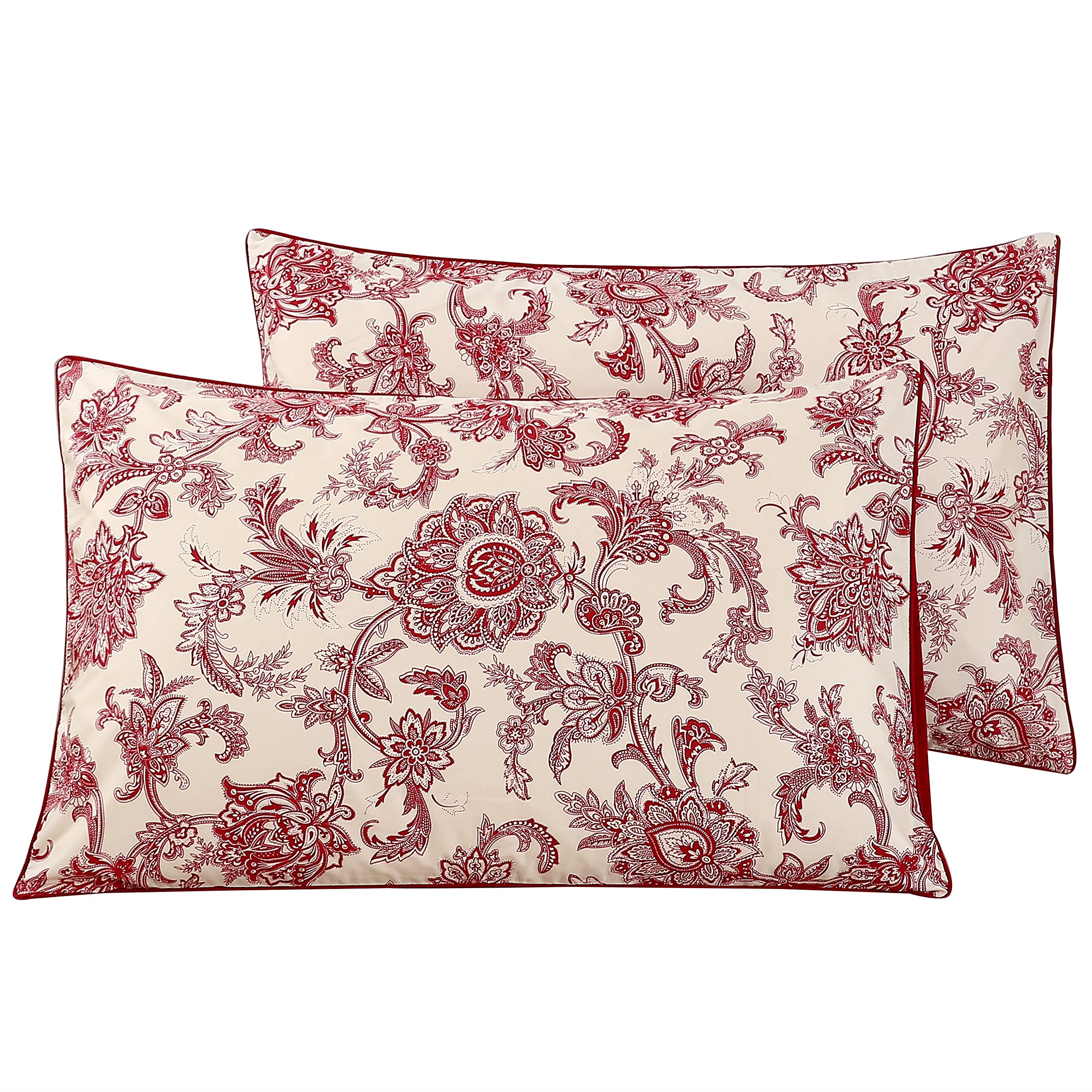 STYHO 100% Egyptian Cotton Floral Printed Decorative Pillow Cases 2 Pack Standard Size Luxurious Pillow Cover Envelope Closure for Hair and Skin(Red-Beige,50 x 75cm)