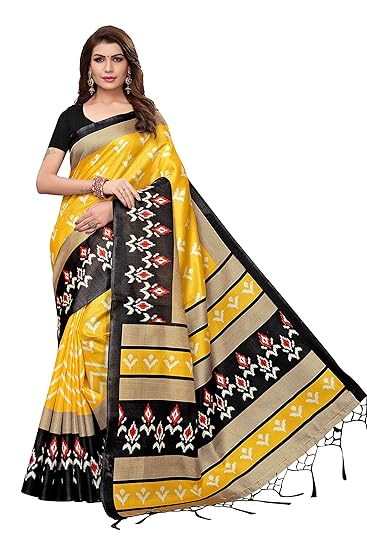 Poly Silk Yellow & Black Ethnic Motif Printed Womens Saree With Tessals