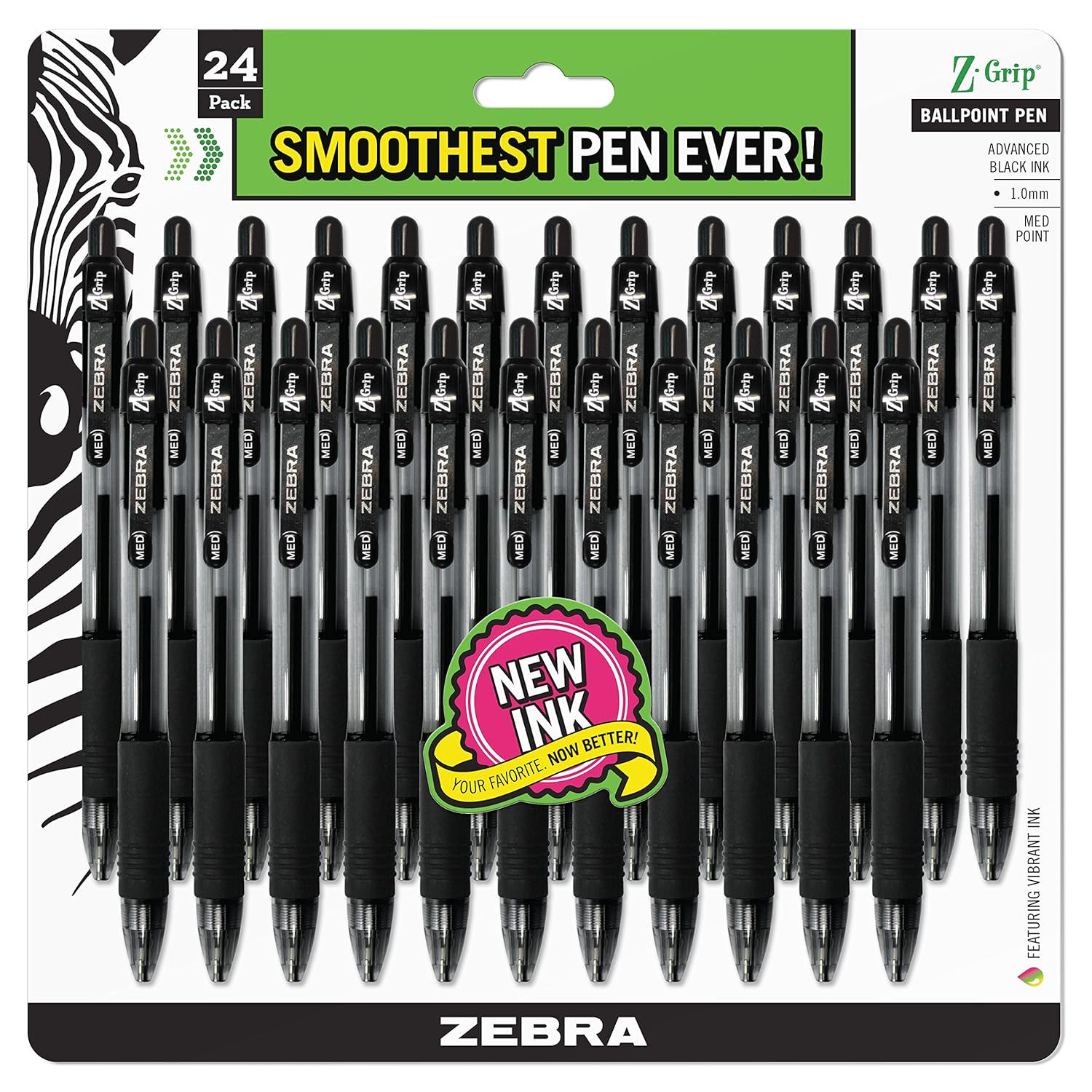 Zebra ZGrip Retractable Ballpoint Pen, Medium Point 1.0mm, Black Ink
