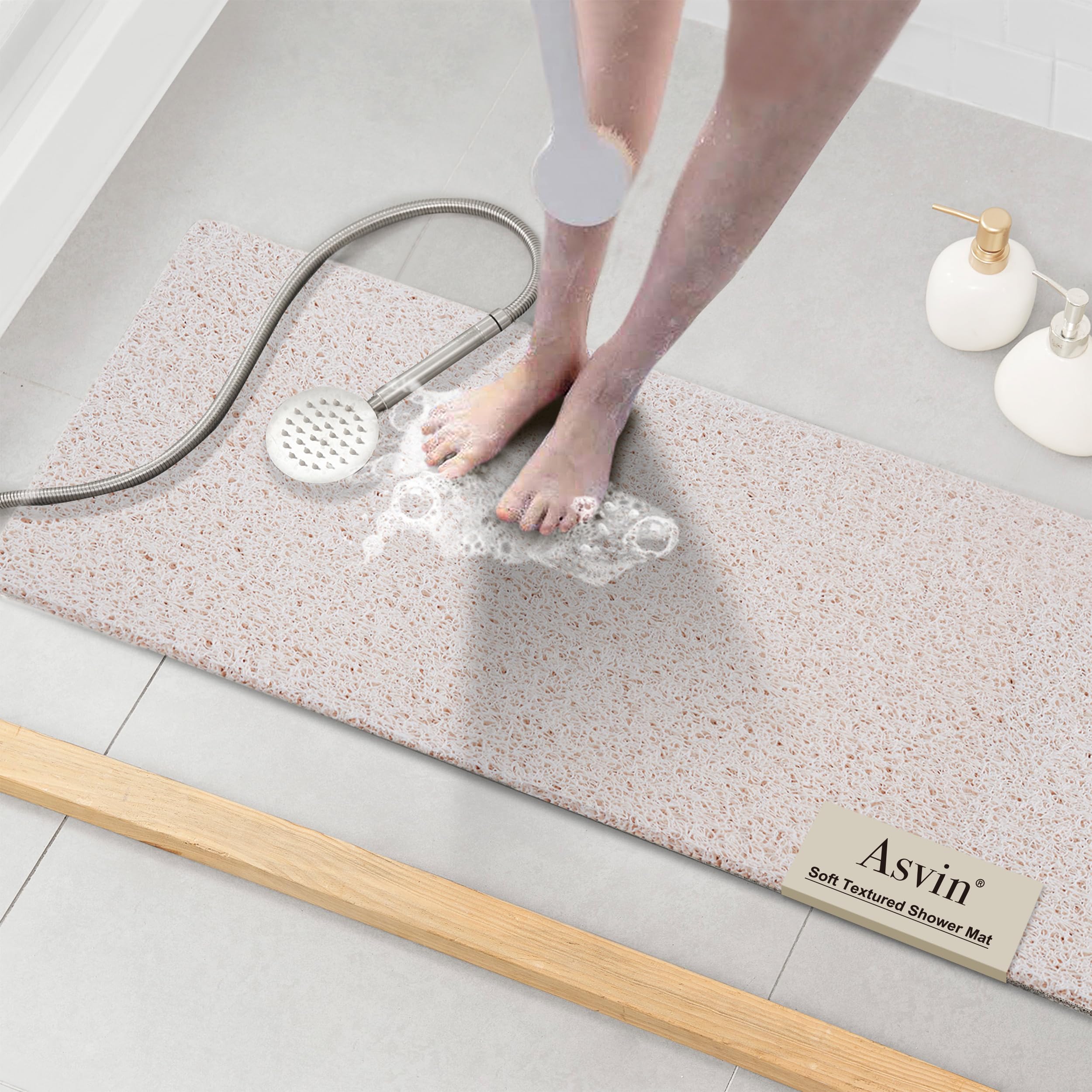 Asvin Soft Textured Bath, Shower, Tub Mat, 47x16 Inch, Phthalate Free, Non Slip Comfort Bathtub Mats with Drain, PVC Loofah Bathroom Mats for Wet Areas, Quick Drying