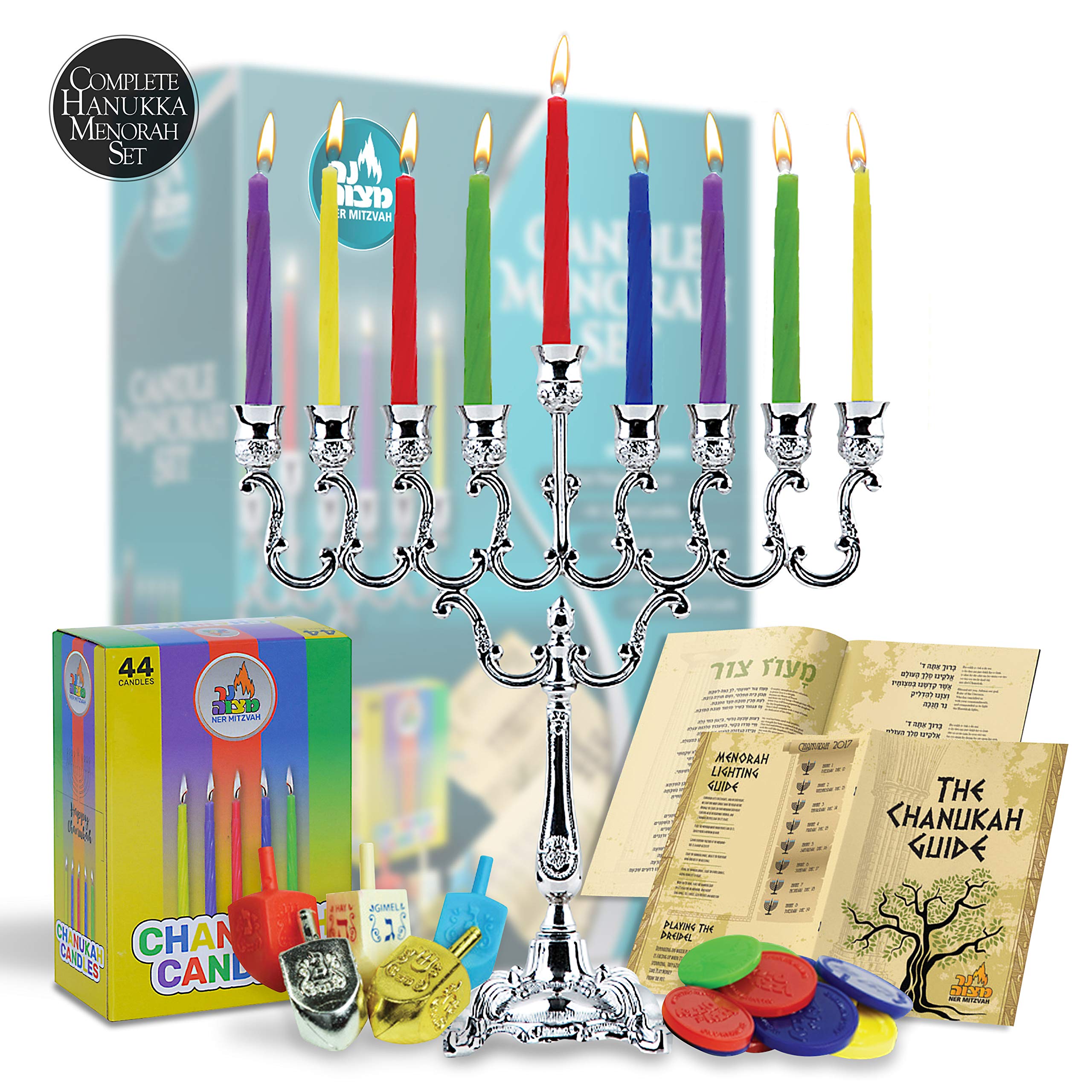 Hanukkah Menorah Chanukah Judaica Complete Set Candles Dreidels