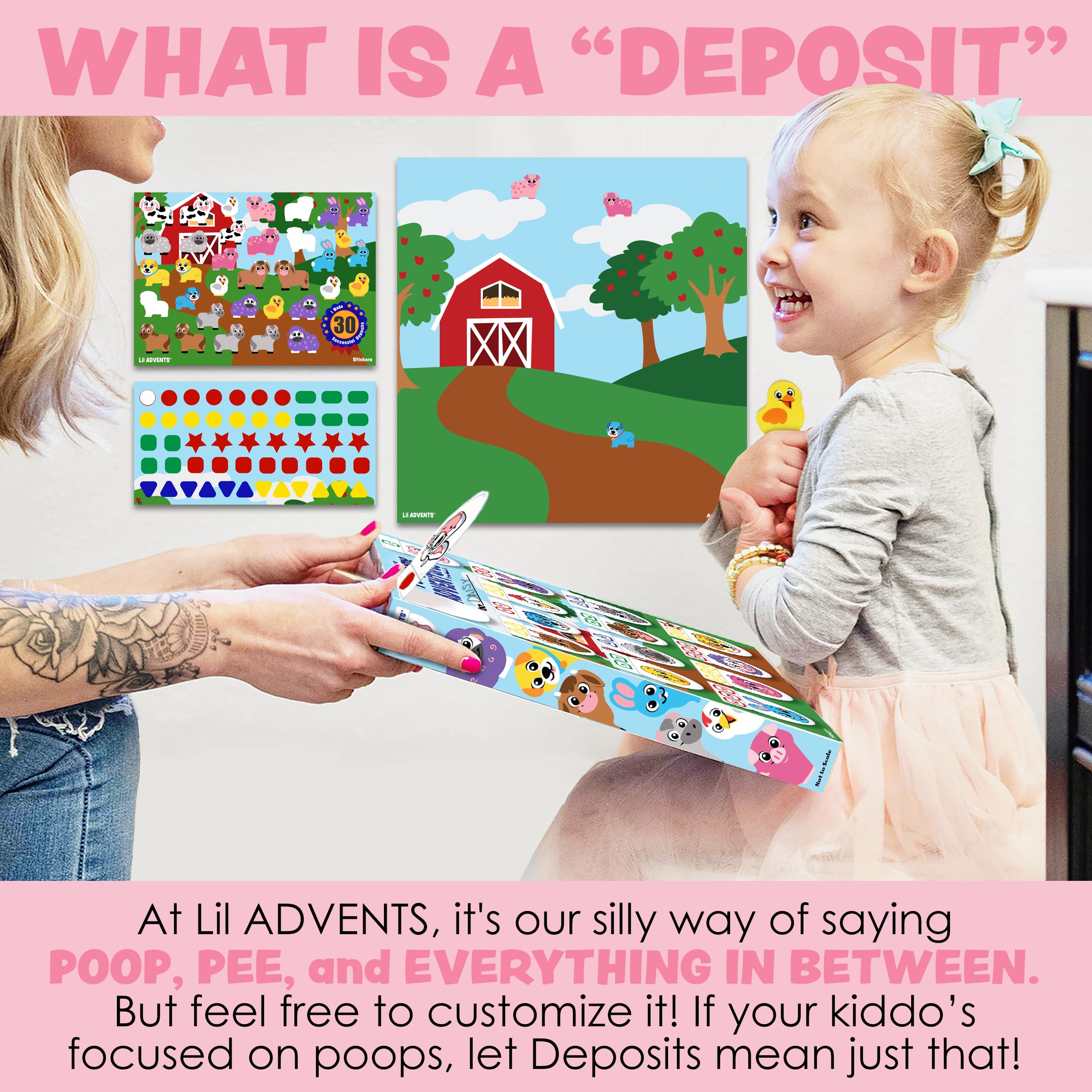 Potty Time Adventures Toddler Potty Training Chart by Lil ADVENTS - 14 Wood Blocks / Stacking Block Toys - Potty Training Advent Game - Behavior Reward Chart, Stickers & Activity Board - Farm Animals