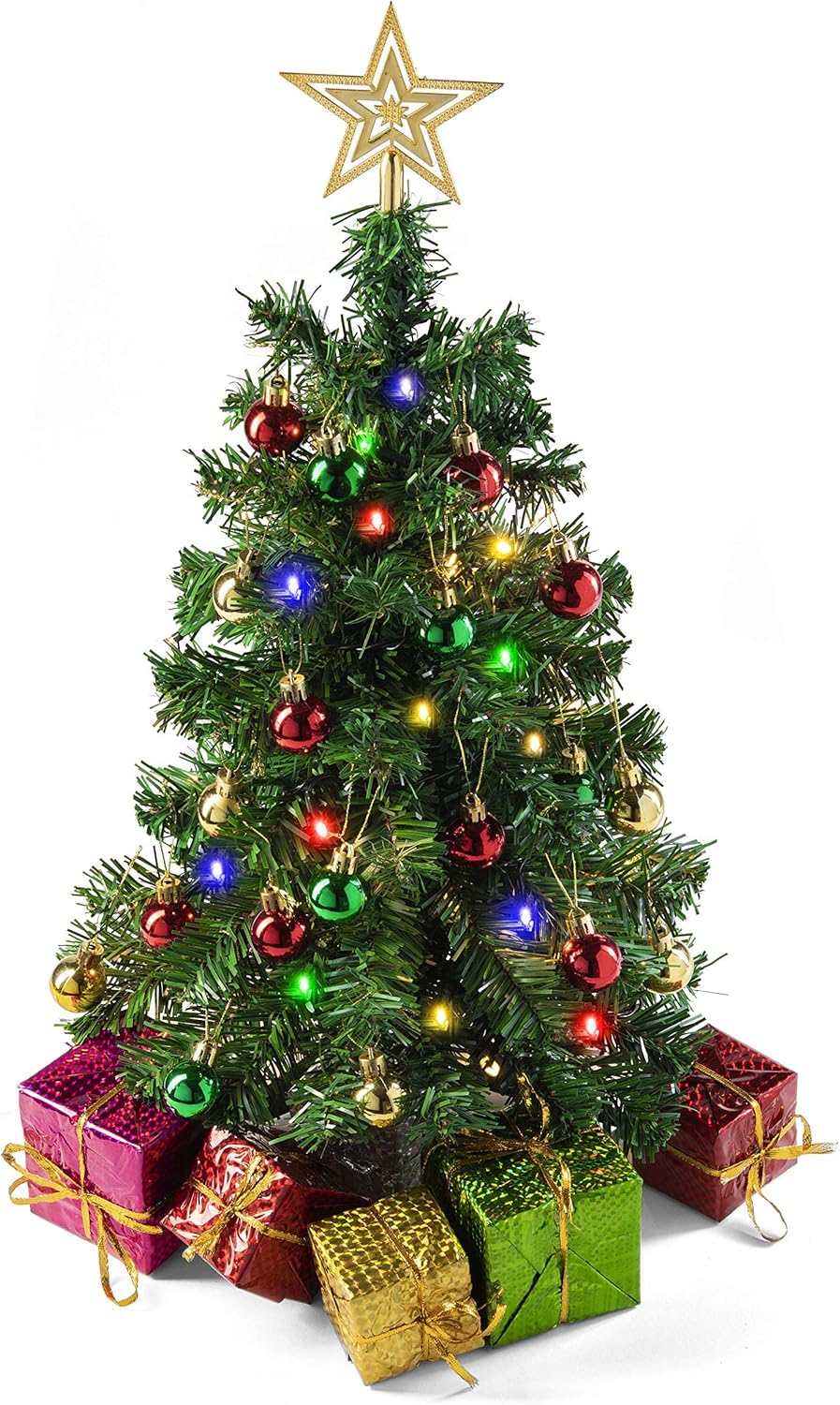 Trees - Prextex 23-Inch DIY Tabletop Mini Christmas Tree with Multi-Color LED Lights, Star Treetop, Decorated Gift Boxes and Hanging Ornaments for DIY Christmas Decoration | Little Christmas Tree with Lights