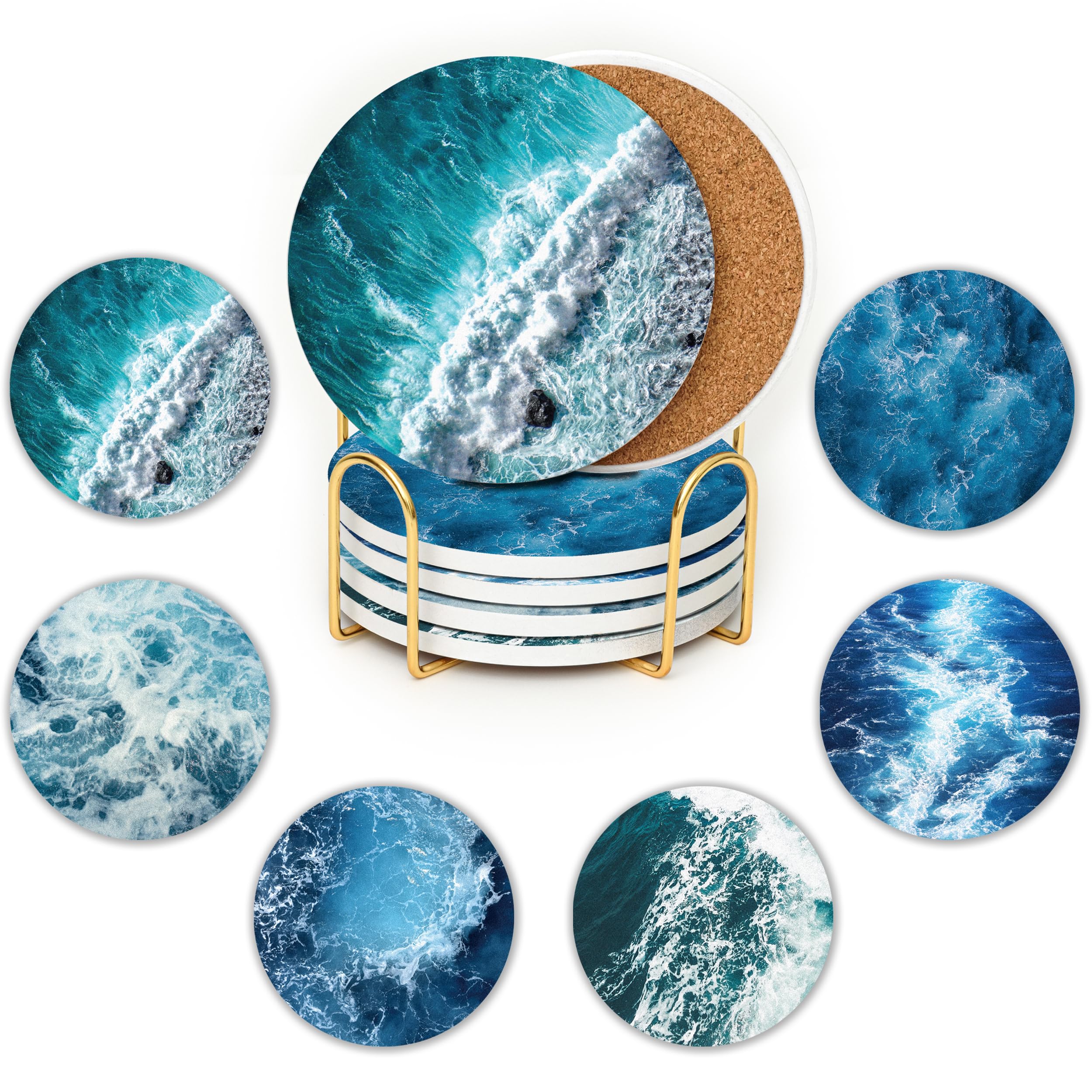 JJ PRIME - Ceramic Coasters Set Of 6 | Absorbent Coasters With Holder | Drink Coasters with Cork Based - Non Scratch, Anti Slip Glass Coasters House Warming Gifts (Ocean)