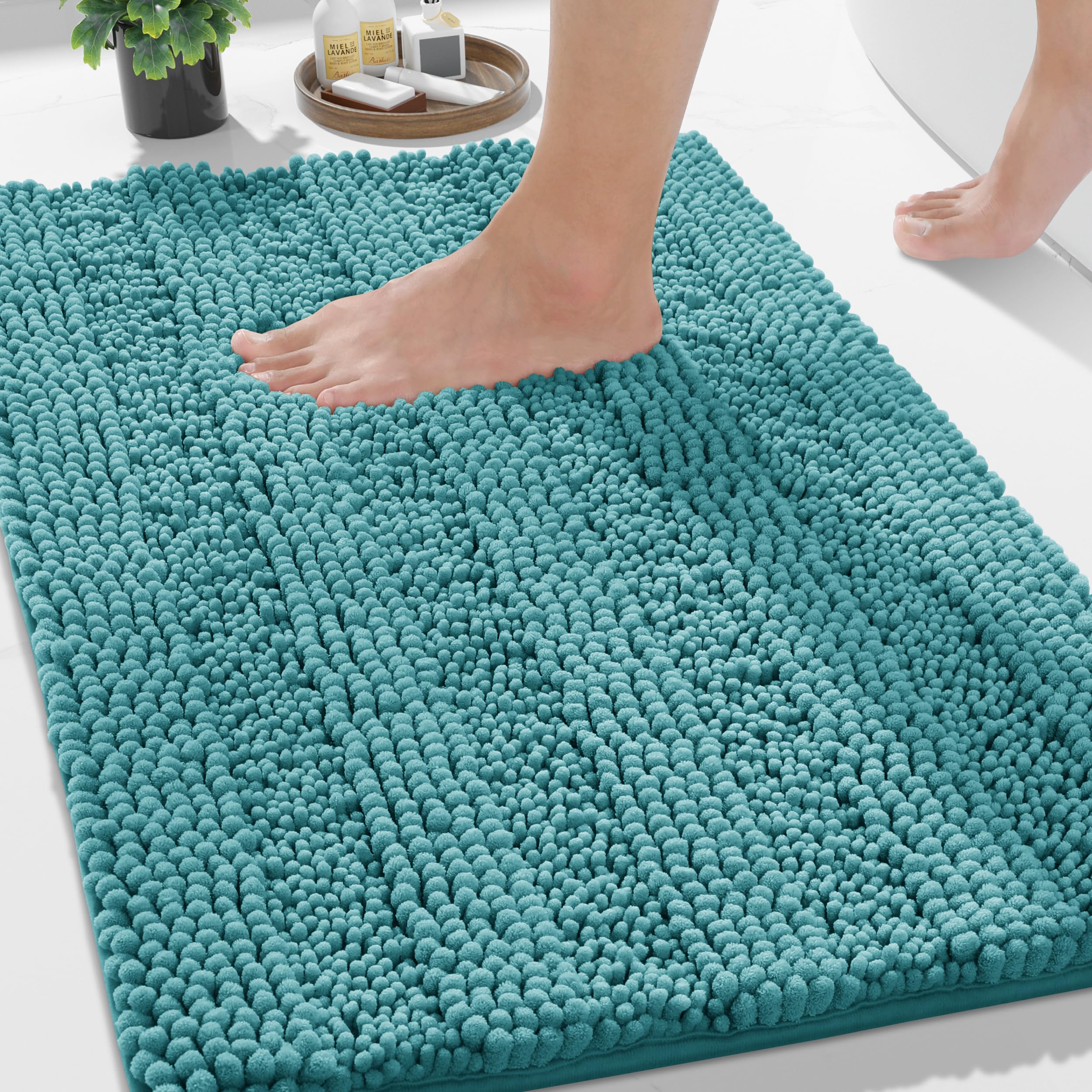 Photo 1 of ***FADED OUT LIGHT BLUE COLOR*** Yimobra Bathroom Rug Mat 24 x 17, Non Slip and Super Absorbent Bath Mat,Machine Washable Quick Dry,Ultra Plush Chenille Shower Rugs for Bathroom Floor Sink Tub and Shower Outside,Teal Blue