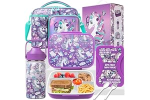 Oruiji Unicorn Bento Box for Kids Lunch Box for Girls Bento Lunch Box for Kids Lunch Box Set with 5 Compartments Stainless Steel Water Bottle, Lunch Bag, Ice Pack Set Back to School Supplies