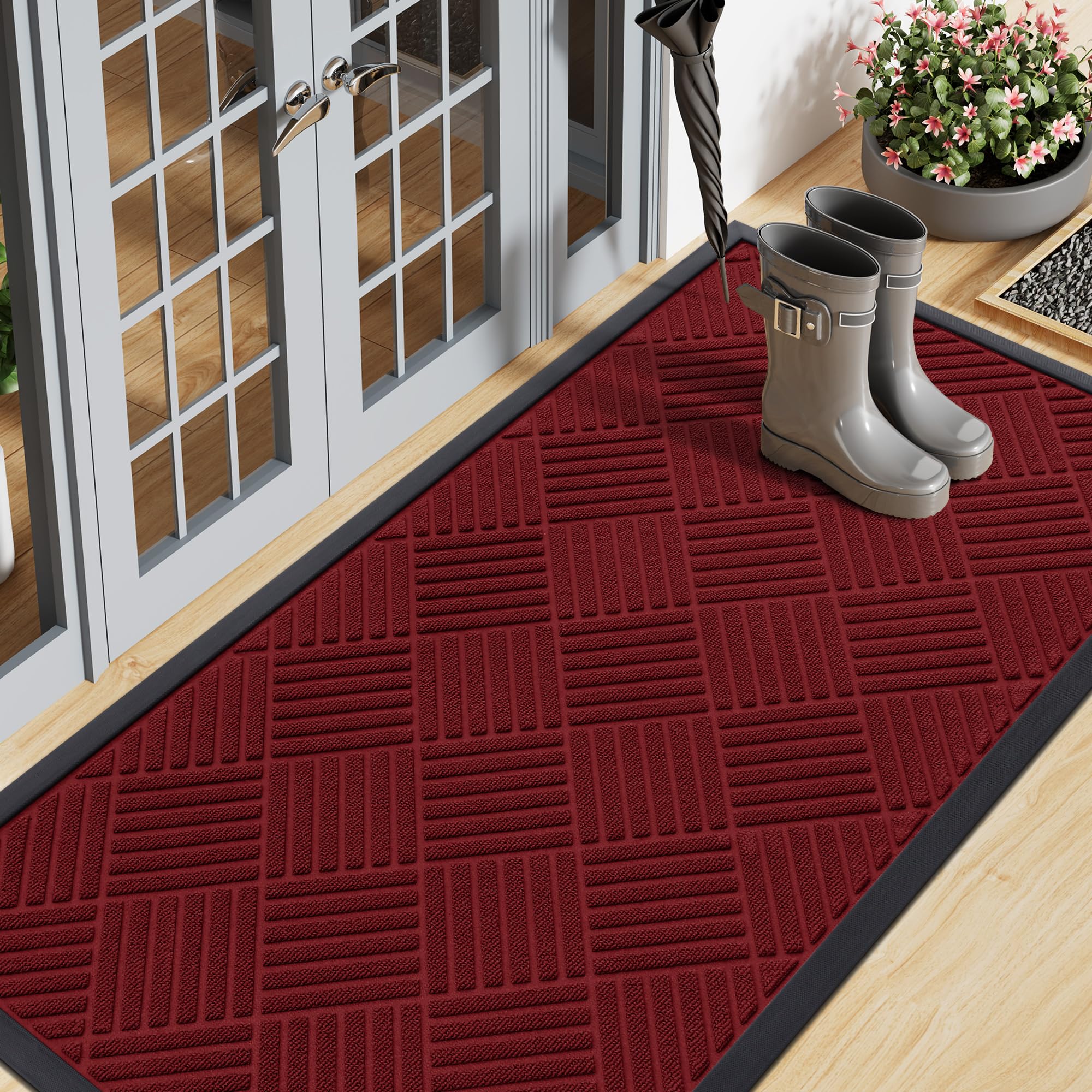 Smiry Front Door Mat Outside Entrance, Heavy Duty Outdoor Indoor Mat, Natural Rubber Doormat, Non Slip, Trap Dirt and Moisture, Easy Clean, Low Profile Patio Porch Entryway Mat, 47x23, Wine Red Image