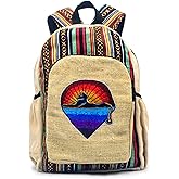 Anitya Hemp Backpack, 16x11 inches, Multi-Compartment Boho Daypack with Laptop Sleeve, Sunset & Panther Embroidered Front Pocket, Handmade Nepal Hemp Bag, Unisex Eco-Friendly Travel Backpack