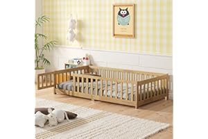 Lyngins Twin Size Floor Bed, Toddler Floor Bed Frame with High Guardrails, Solid Wood Montessori Beds with Support Slats, Fence and Door for Kids, Boys or Girls - Natural