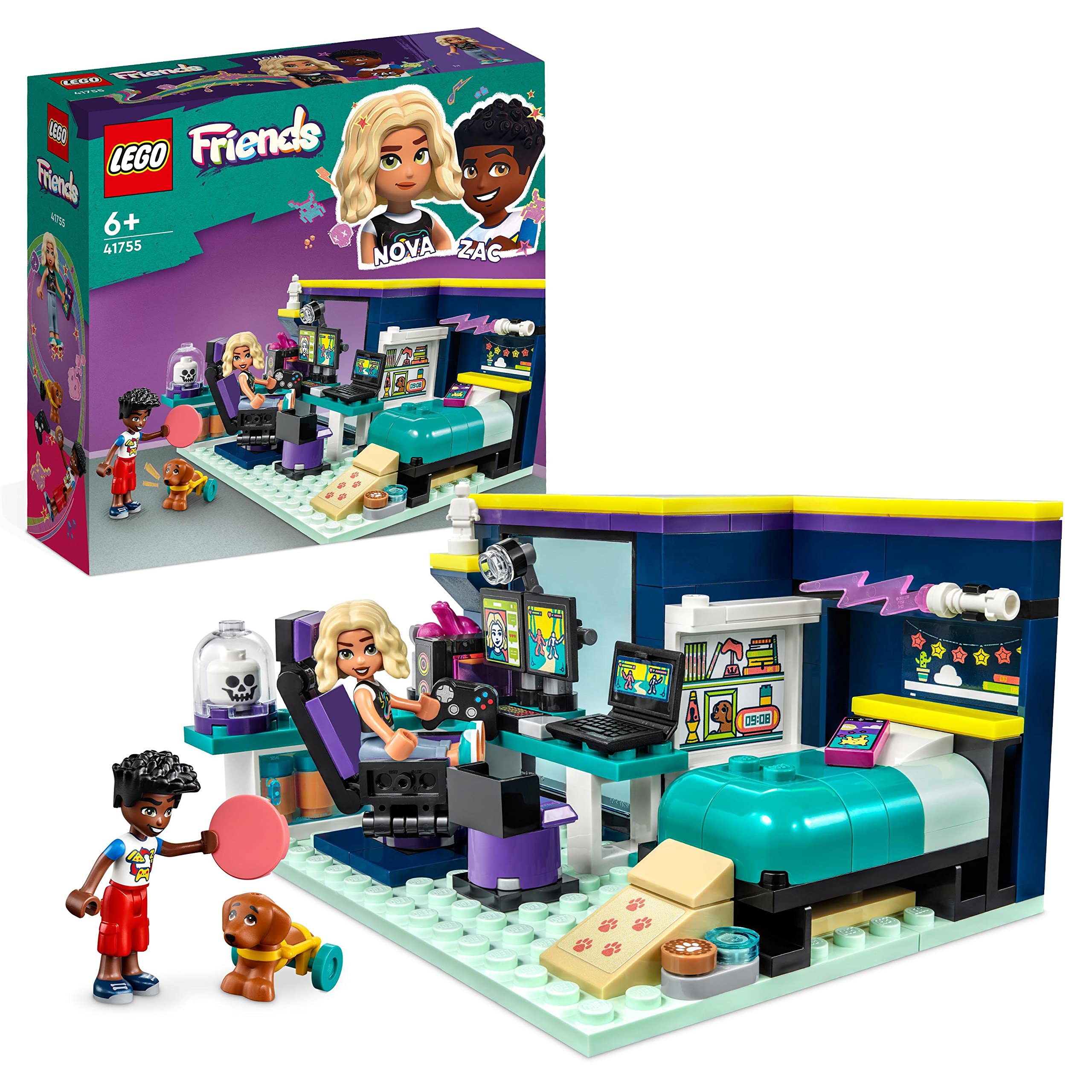 LEGO Friends Nova's Room Gaming Themed Bedroom Playset, Collectible Toy with Zac Mini-Doll and Pickle the Dog, Small Gift Idea for Kids 6+, 2023 Characters 41755