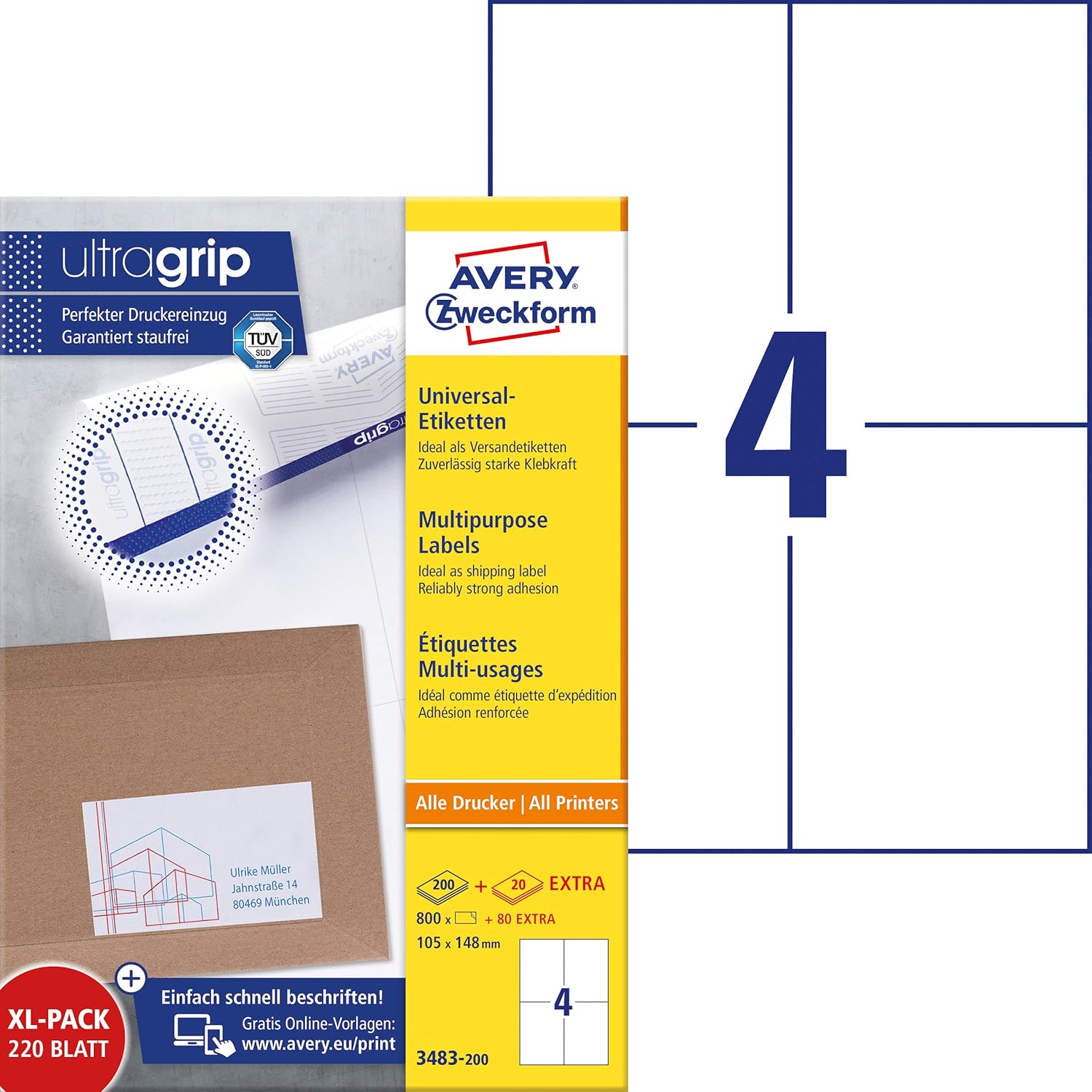 Avery Zweckform 3483200 Universal Labels 105x148 mm for Inkjet Laser