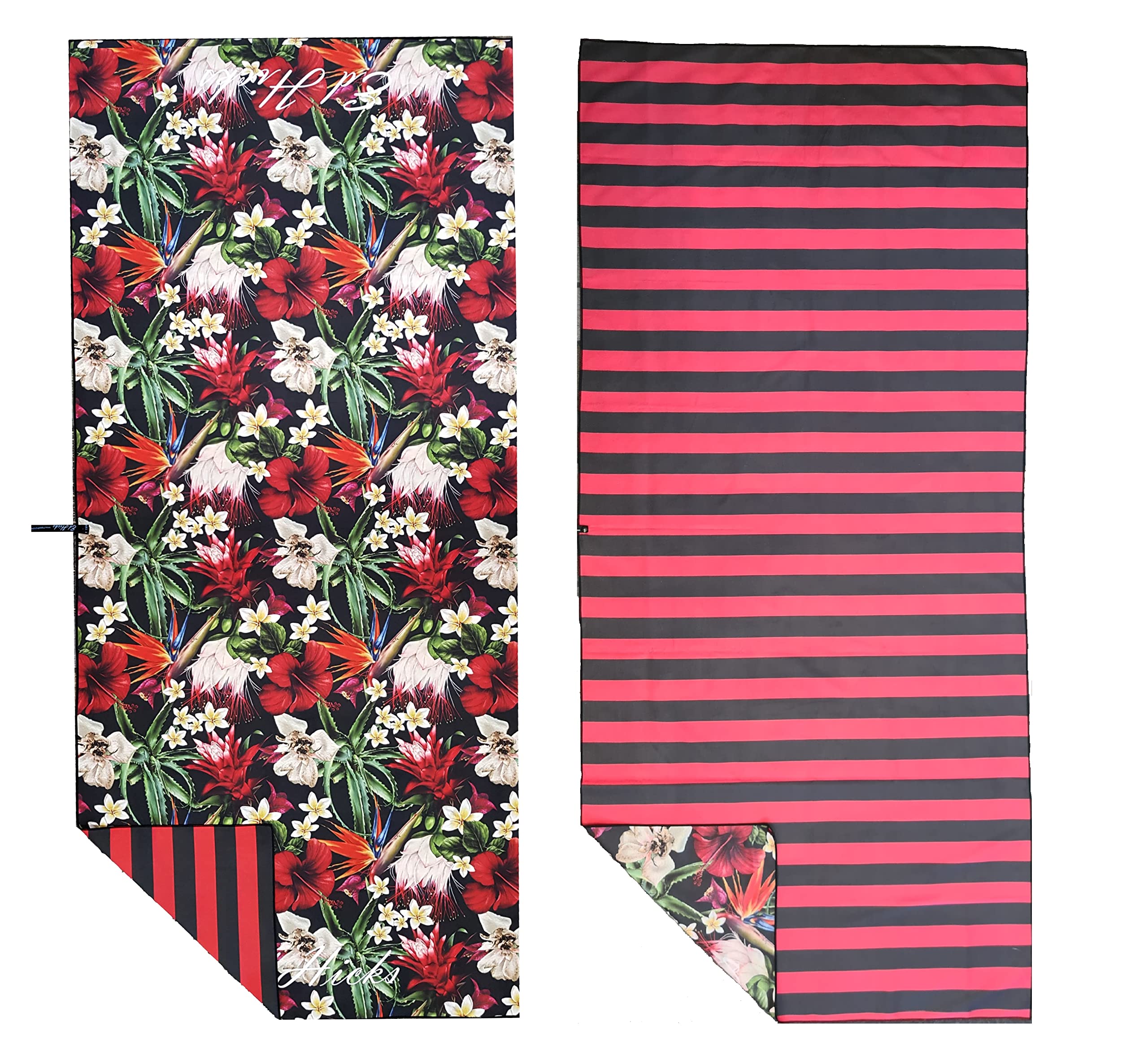 Ed Hicks Extra Large Microfibre Beach Towel — 2 Towels in 1:- Double Sided⭆ Tropical Flowers and Stripes— XXL 200 x 90cm— Sand Free, Lightweight, Compact, Quick Dry, Anti-Bacterial — Storage Bag