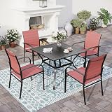 SUNSHINE VALLEY 5 Piece Patio Dining Set for 4, 37”x37” Square Table with Umbrella Hole, 4 Metal Red Chairs, Outdoor Table and Chairs Set for Lawn Backyard and Deck