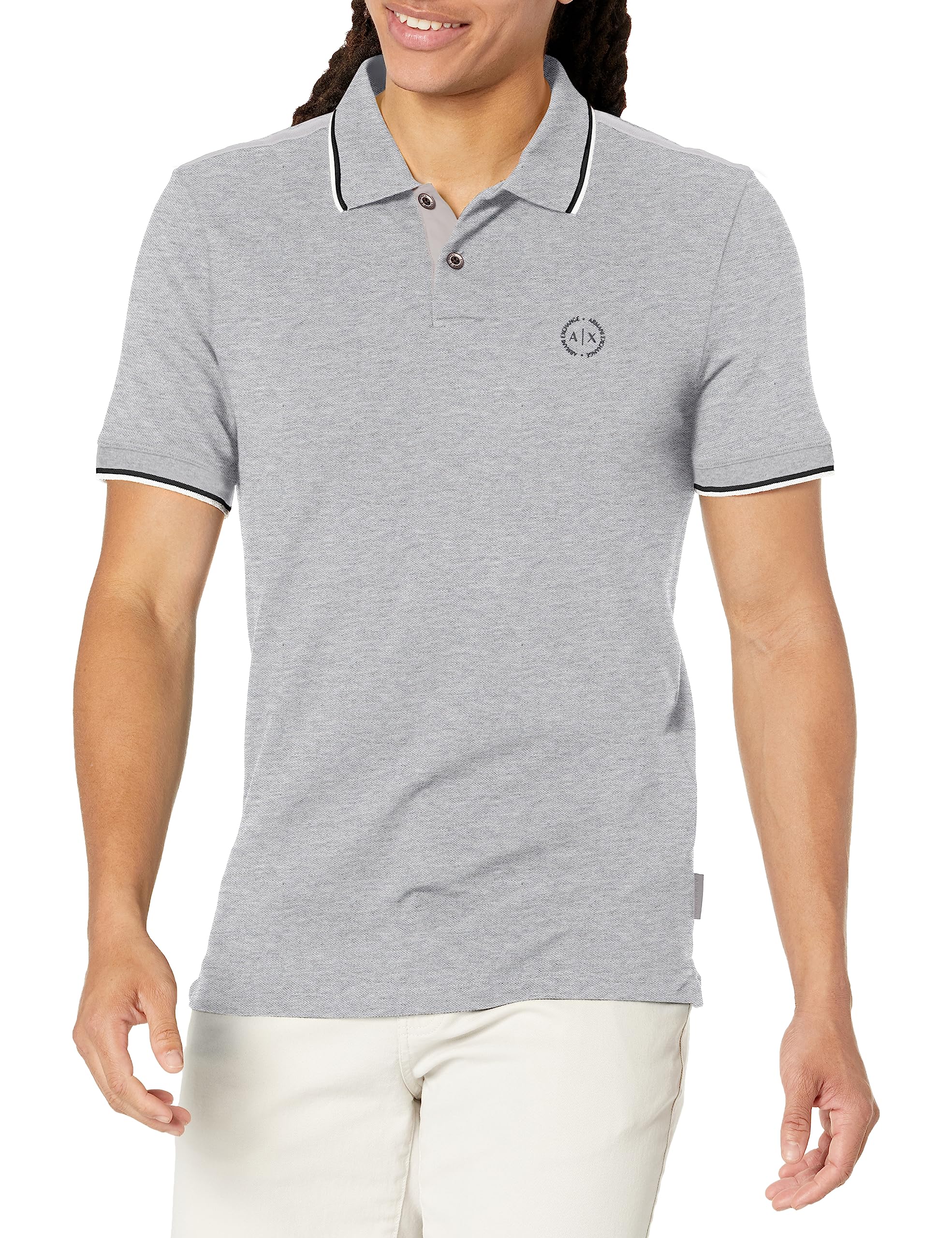 Armani Exchange Men's Slim Fit Cotton Pique Tipped Polo, Heather Grey, Small Image