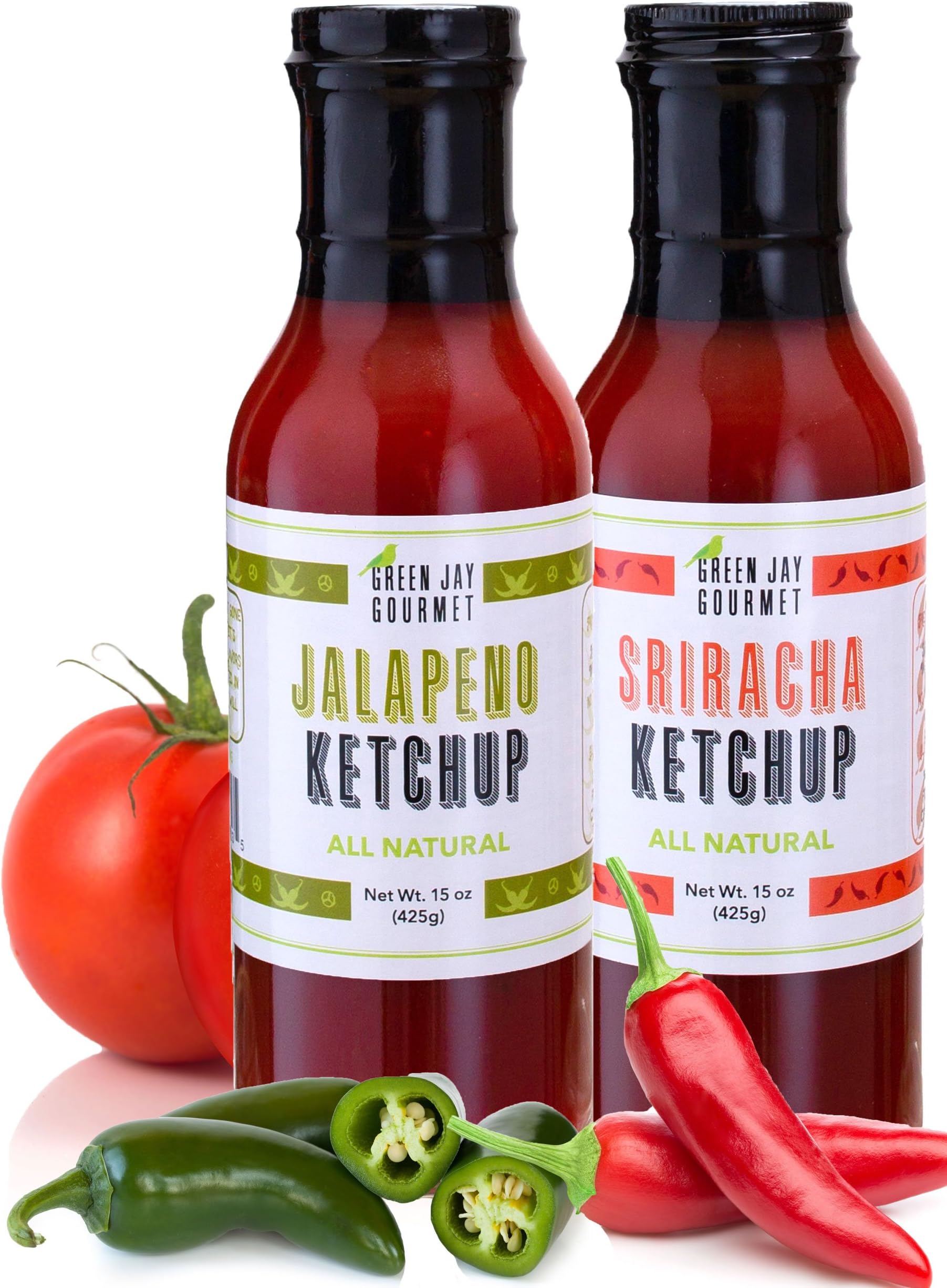 Green Jay Gourmet Spicy Ketchup Collection, - Sriracha Ketchup & Jalapeno Ketchup - All-Natural Tomato Ketchups with Tomato Paste, Cayenne Peppers, Jalapeno Peppers, Garlic - 2 Pack - 30 Ounces