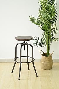 Black Metal and Walnut Finish Seat Industrial Style Adjustable Swivel Counter Height Bar Stools with Legs Support