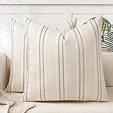 AELS 22x22 Decorative Farmhouse Linen Throw Pillow Covers, Boho Textured Pillow Case, Set of 2, Beige with White & Brown Stitch Yarn Dyed Stripe Cushion Cover for Sofa Couch Living Room (Cover ONLY)