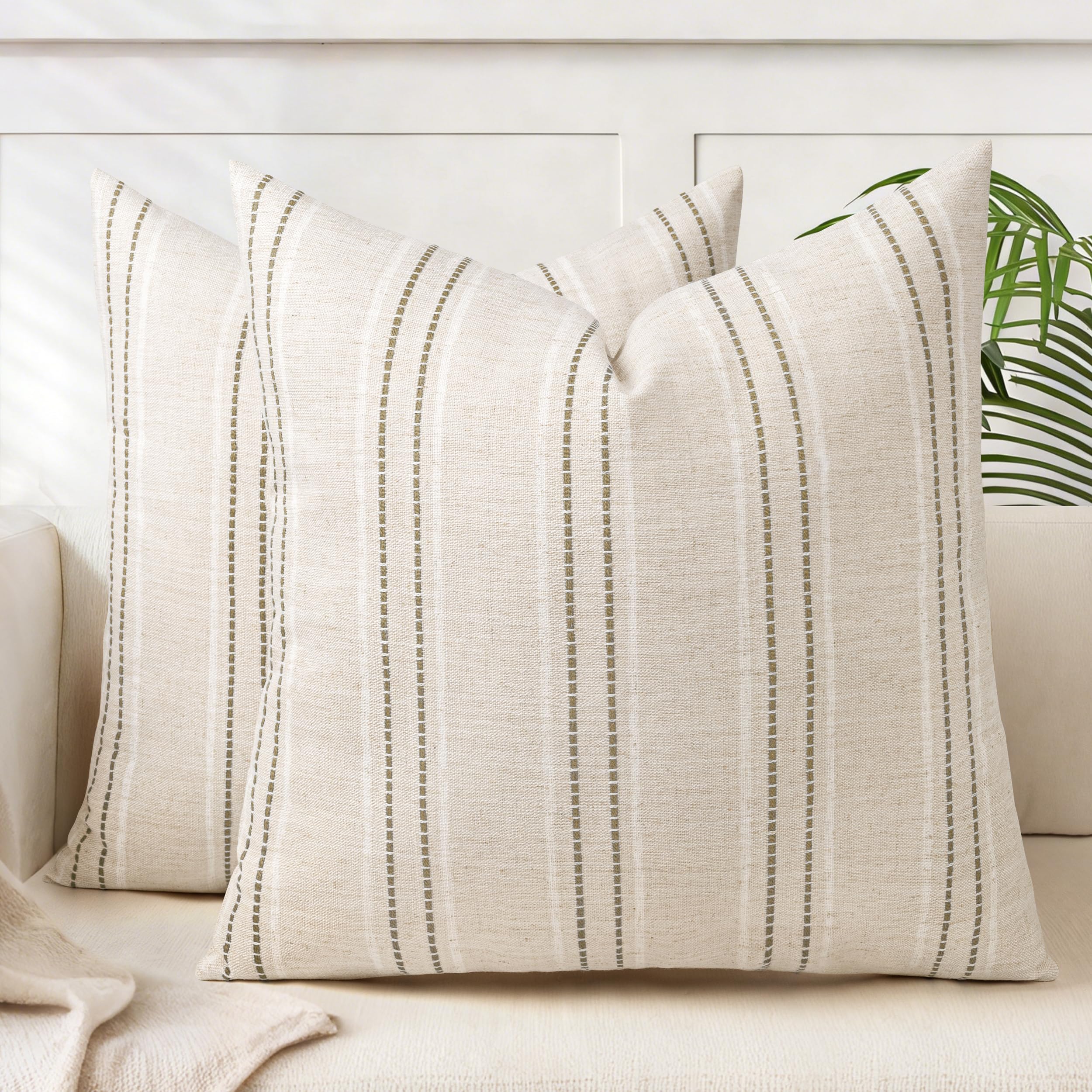 Photo 1 of ***PARTIAL SET ONLY 1*** AELS 24x24 Decorative Farmhouse Linen Blend Throw Pillow Covers, Boho Textured Pillow Case, Set of 2, Beige with White & Brown Stitch Yarn Dyed Stripe Cushion Cover for Sofa Living Room (Cover ONLY)