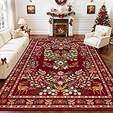 8x10 Area Rugs Living Room Rug: Christmas Washable Rug Floral Soft Carpet Indoor Floor Non-Slip Boho Stain Resistant Large Carpets for Bedroom Kids Nursery Dining Room Farmhouse Home Office Red