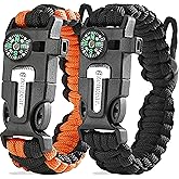 aZengear Paracord Survival Bracelet (2 Pack) | Flint Steel Fire Starter, Whistle, Compass, Mini Saw | Adjustable Wrist Band S