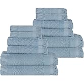 Superior Cotton 12 Piece Towel Set, Quick Dry, Bathroom Essentials, Shower, Spa, Luxury Plush Soft Absorbent Towels, Includes 4 Bath, 4 Hand, 4 Washcloth/Face Towels, Rolla Collection, Blue
