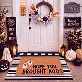 Honoson 2 Pcs Halloween Door Mat Layered Ghost Welcome Mat Outdoor | Hope You Brought Boos Doormat, Black White Striped, Cute Imitation Coir Non-slip Design, for Front Porch Entryway Decor