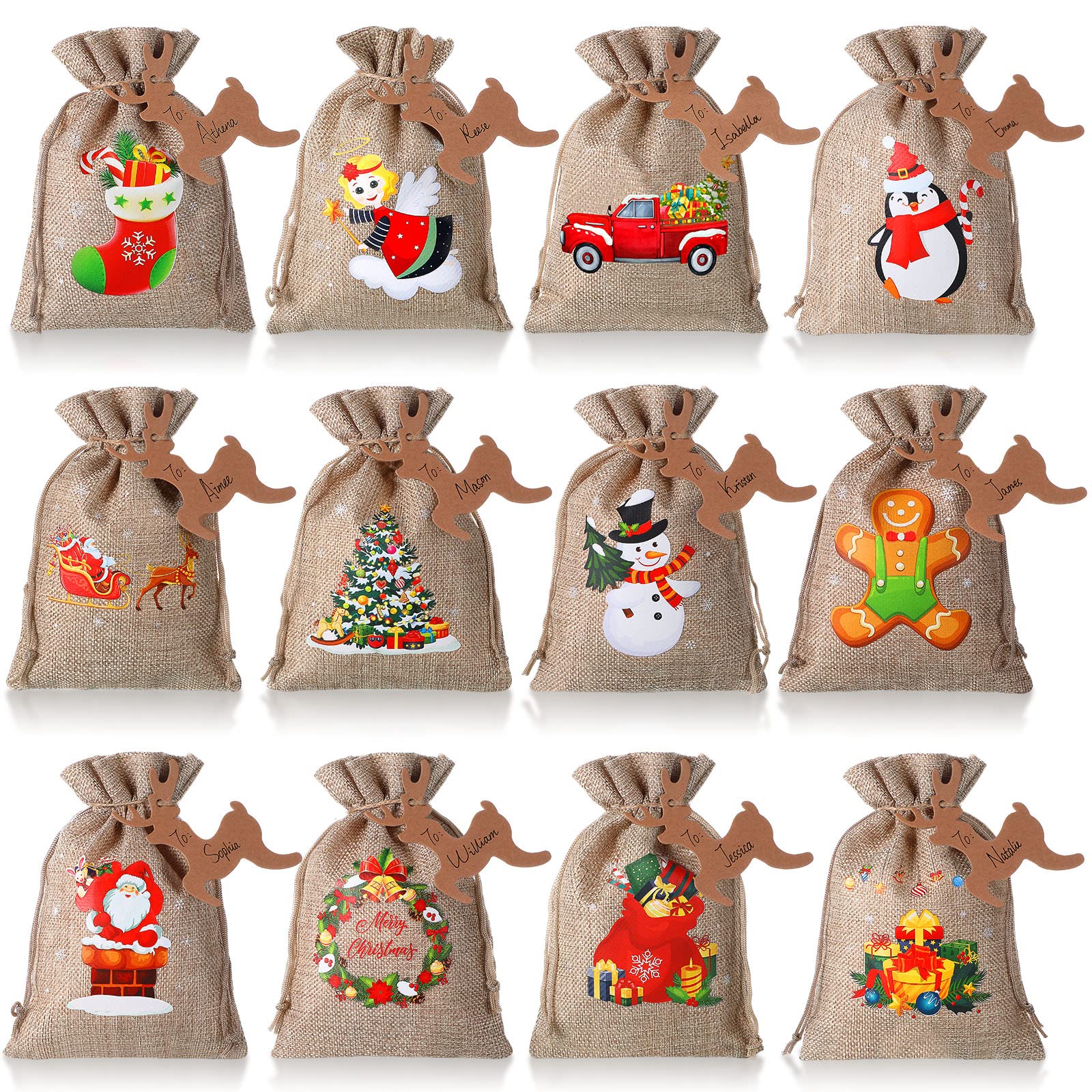 24 Pieces Christmas Burlap Gift Bags Christmas Treat Bags with Drawstrings Small Christmas Gift Goody Bags for Xmas Holiday New Year Party Favors Supplies Decorations, 12 Designs, 7 x 5 Inches