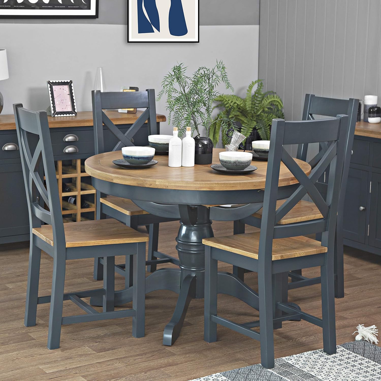 The Furniture Outlet Hampshire Blue Painted Oak Round Pedestal Extending Table Table Only Amazon Co Uk Kitchen Home
