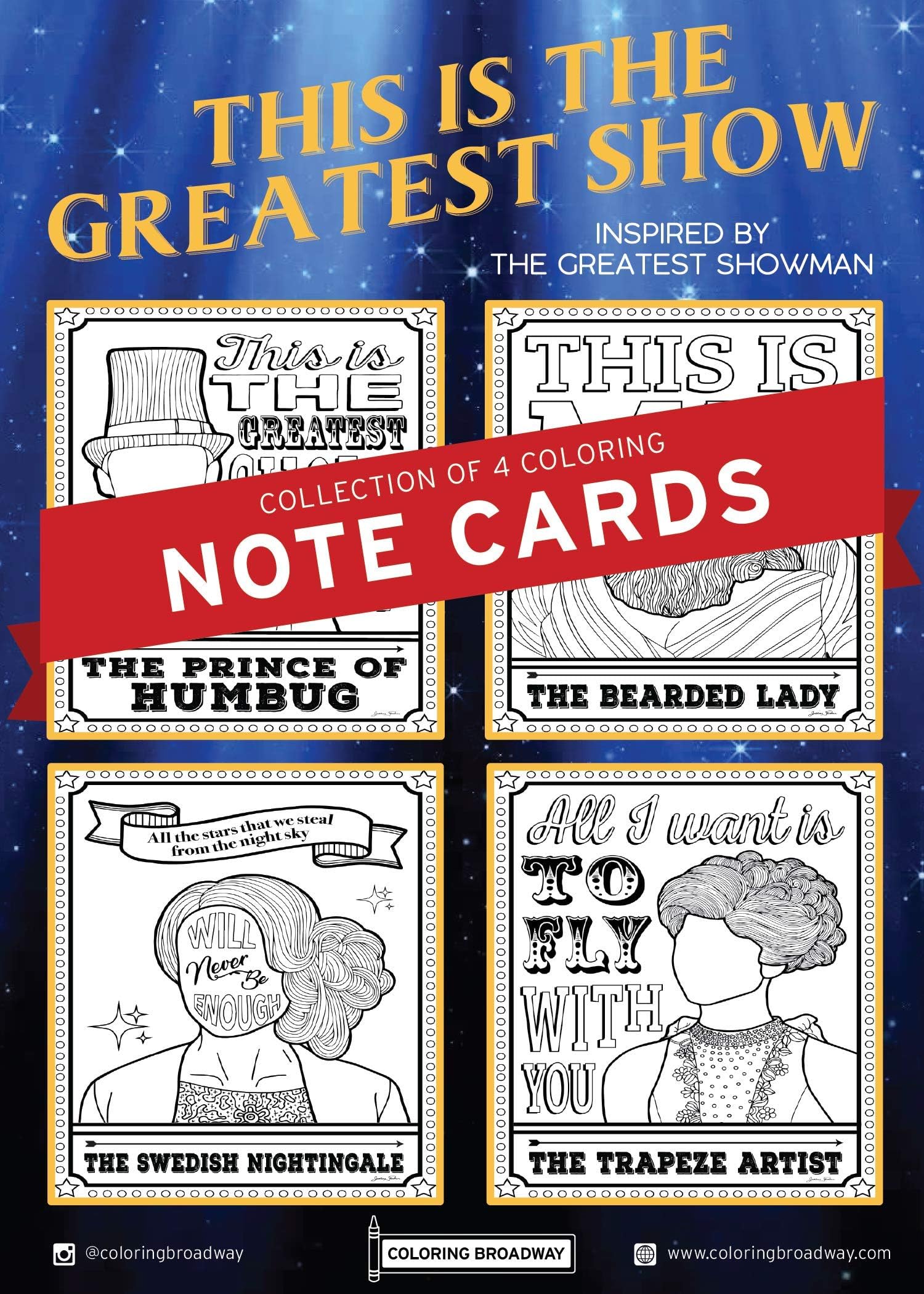 THE GREATEST SHOWMAN| “This is the Greatest Show” Collection | COLORING NOTECARDS by Coloring Broadway | Hand-drawn illustrations - Printed on matte card stock (5" x 7") - Set of 4 Notecards