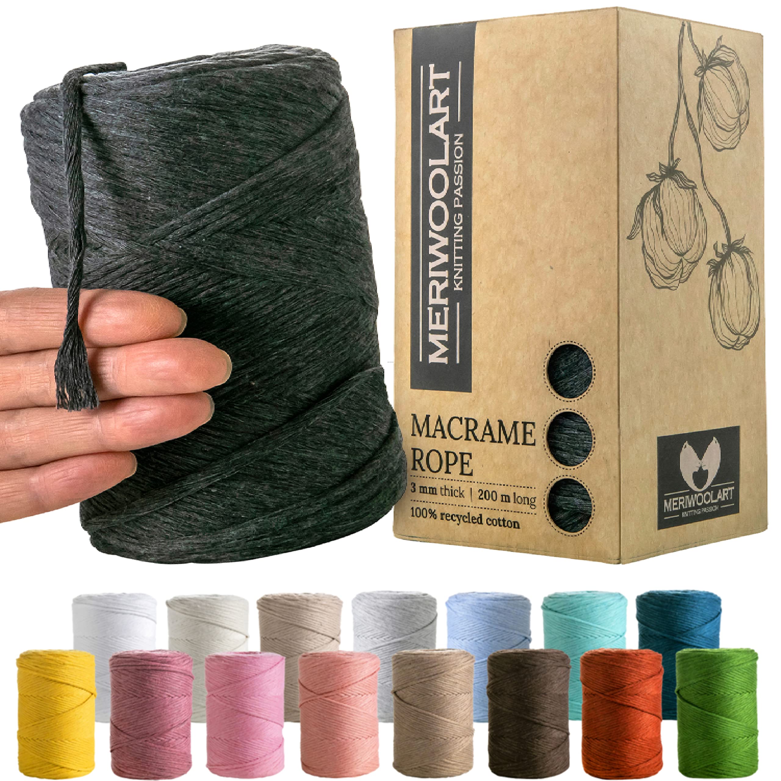 MeriWoolArt Macrame Cord 3mm Gray - Macrame Rope 200m - Super Soft, Single Twist Macrame String - Oeko-Tex 100% Recycled Cotton Macrame Cord Coloured- For DIY Macrame Crafts, Boho Home Décor