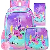 3PCS Unicorn Backpack for Girls, 16" Kids Bookbag with Lunch Box, Water Resistant Elementary School Bag for Prechool Toddler