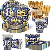 350PCS 85th Birthday Party Decorations for 50 Guests Blue and Gold Party Supplies for Men Include Disposable Paper Plates, Napkins, Cups, and Disposable Plastic Cutlery (85)