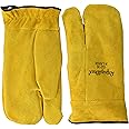 RefrigiWear Sherpa Lined Three Finger Split Cowhide Leather Mitten Gloves (Gold, Large)
