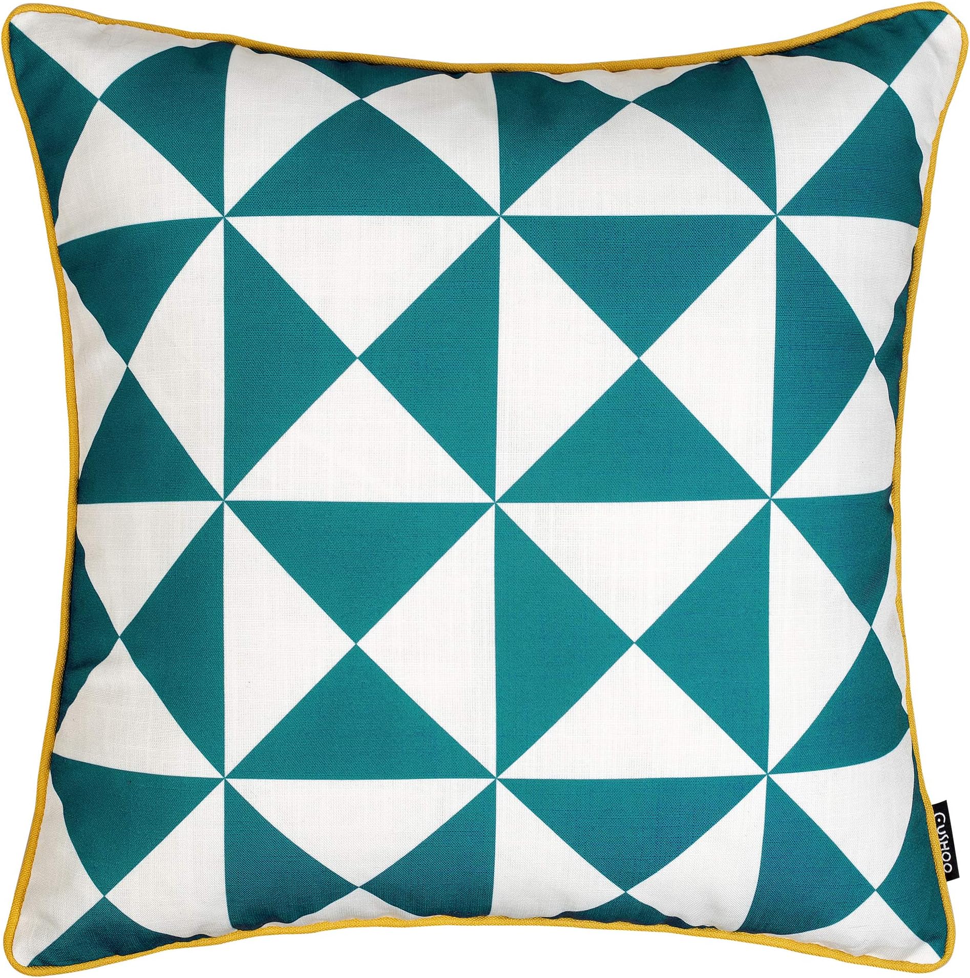 Cushoo Modern Geometric Cushion in Teal Blue and White with Mustard Yellow Edge Piping | Square Decorative Scatter Pillow with Filling for Sofa | 45cm x 45cm | 18in x 18in