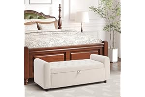 SOFETURA Ottoman with Storage, Tufted Storage Bench for Bedroom, 48" Fabrics End of Bed Bench, Upholstered Entryway Shoe Benches with Rolled Arm & Inner Zipper, Window Ottomans Chest without Rivets, Beige