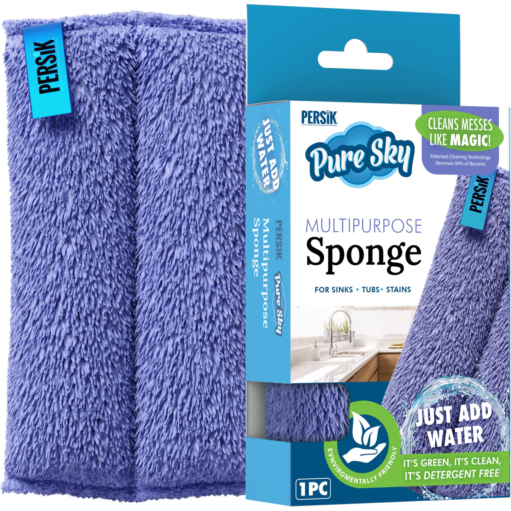 Pure-Sky ULTRA-MICROFIBER Cleaning SPONGE – Kitchen, Household and Dish Sponges – JUST ADD WATER No Detergents Needed – Heavy Duty for Removing Stains in the Cracks, Window Frame, Tubs, Sinks
