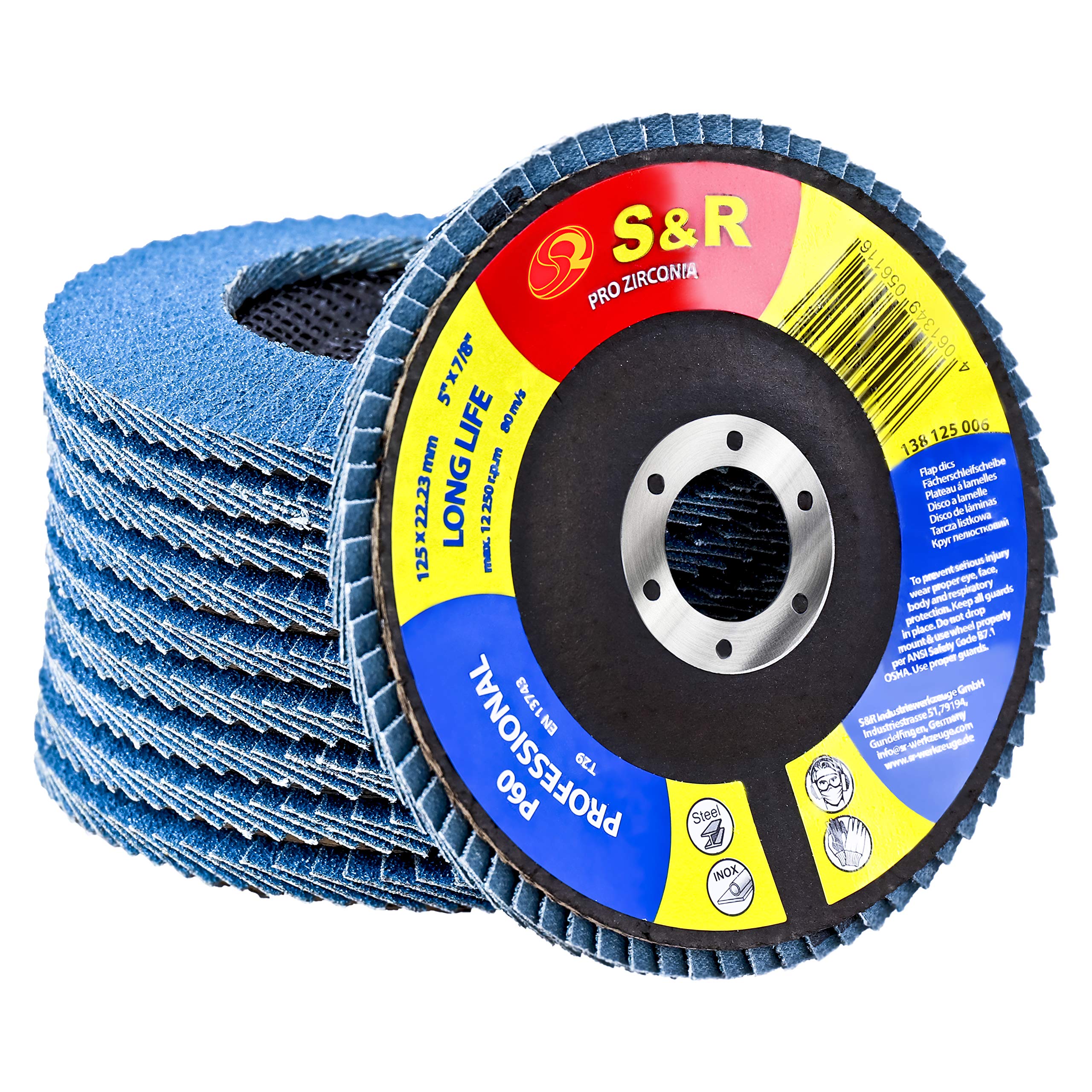 S&R 10-Piece Flap Discs Set - 125 x 22.23 mm, 5", PRO Zirconia, T29 Design, for Steel and Stainless Steel Grinding - Premium Grinding Discs (P60)