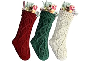 Kunyida 3PCS 18" Unique Burgundy and Ivory White and Green Knitted Christmas Stockings