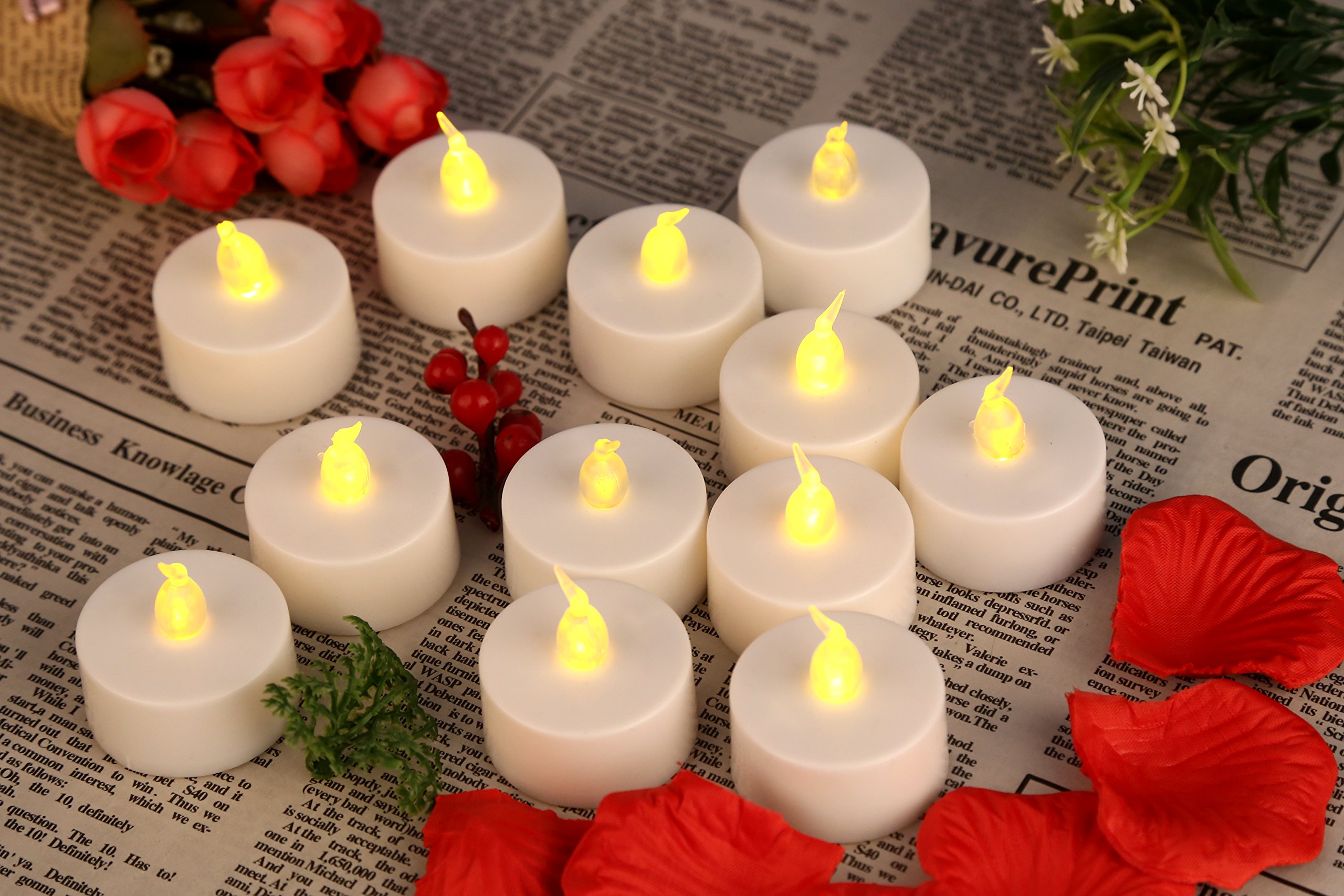 Tea Lights candles,besthoby fake Candles,CR2032 battery,battery candles with Amber yellow flickering,Flameless Candles (12 pack )