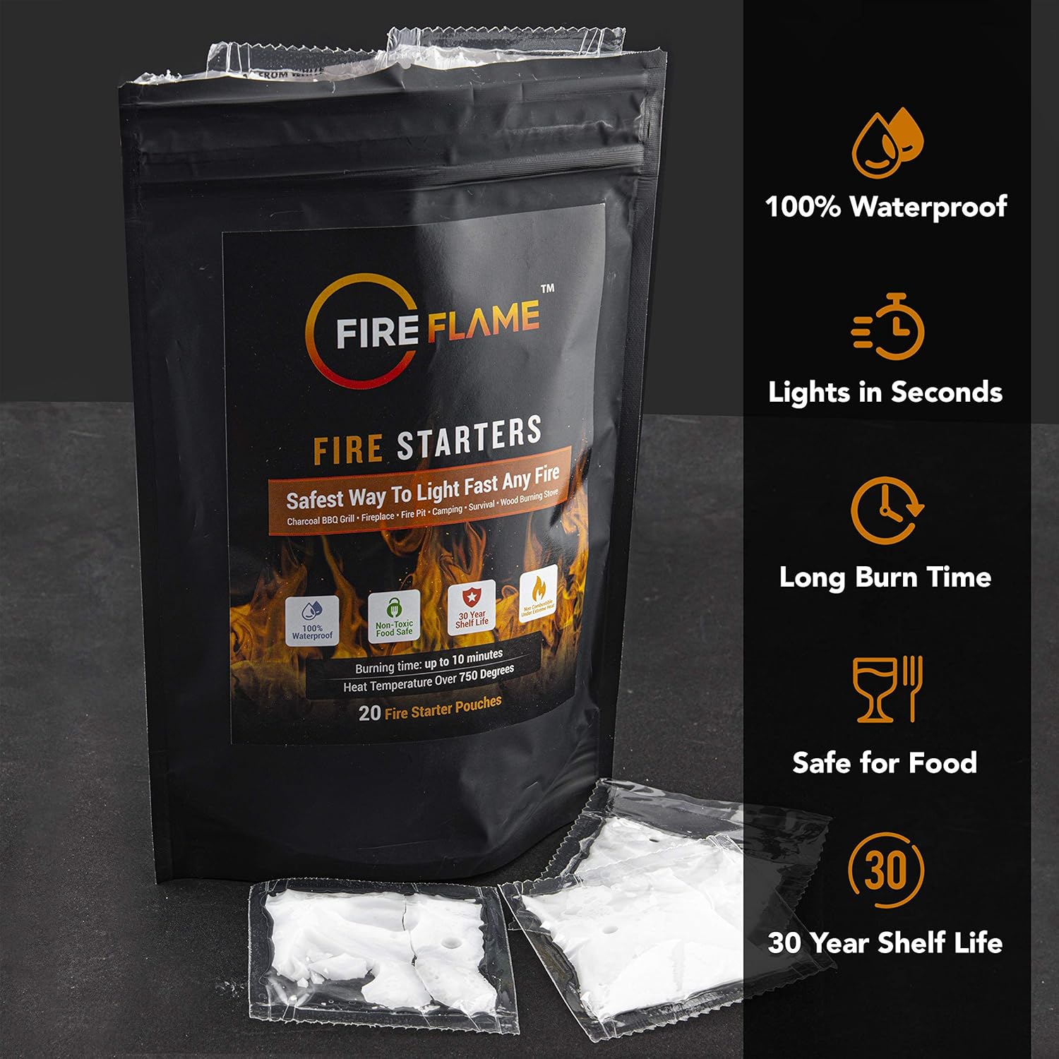 FireFlame Quick Instant Fire Starter - 100% Waterproof All-Purpose Indoor & Outdoor FireStarter, for Charcoal Starter, Campfire, Fireplace, Firepit, Smoker - Odorless and Non-Toxic - 20 Pouches in Bag: Sports & Outdoors