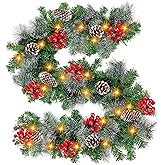 TURNMEON 6 Ft by 10 Inch Prelit Christmas Garland with Timer 30 Warm Lights 8 Pine Cone Snowy Bristle Pine 56 Berry Battery Operated Real Touch Cedar Garland Xmas Home Outdoor Indoor Fireplace Decor