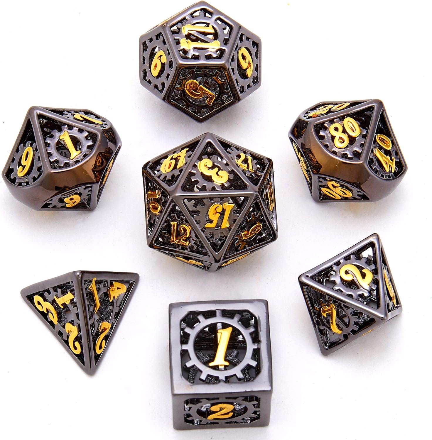 Hollow Metal DND Game Dice Black and Gold Gear Numbers 7Pcs Set for