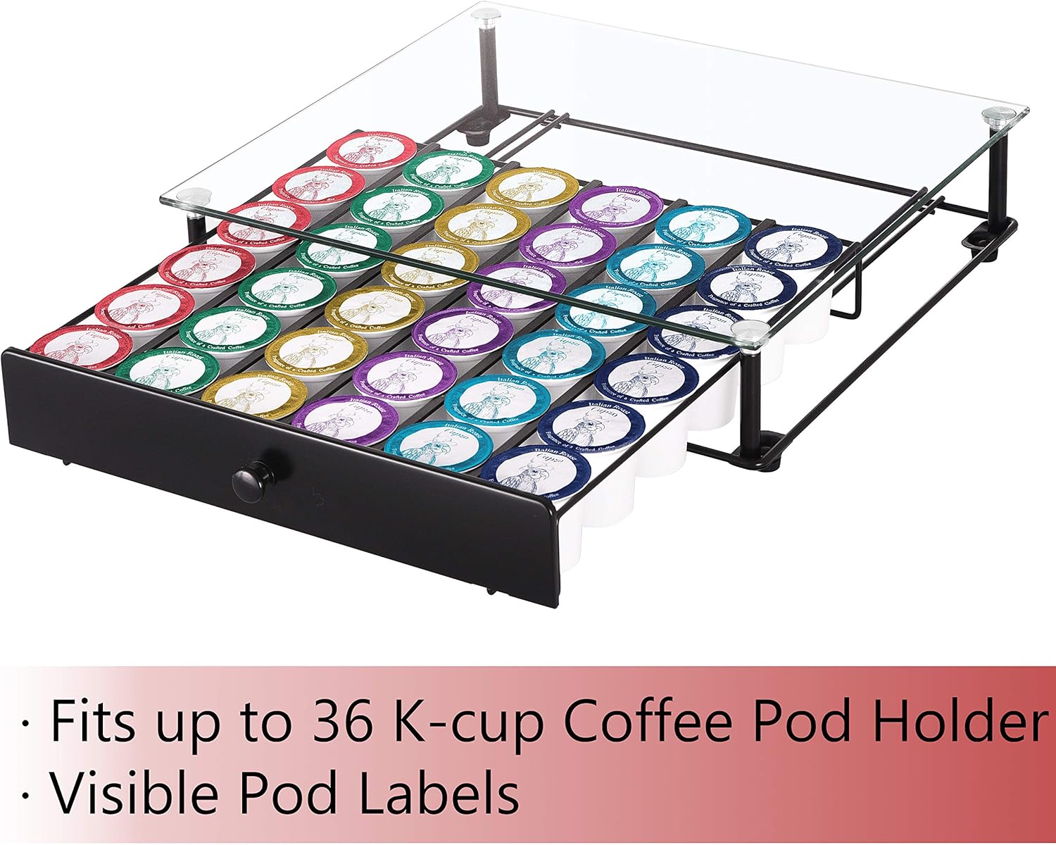 Coffee Pod Holder, Tempered Glass Top Coffee Pod Storage Drawer for K Cup Coffee Pods, Black Coffee Capsules Holder Compatible with 36 Pods, 6 Pods for Each Line: Kitchen & Dining