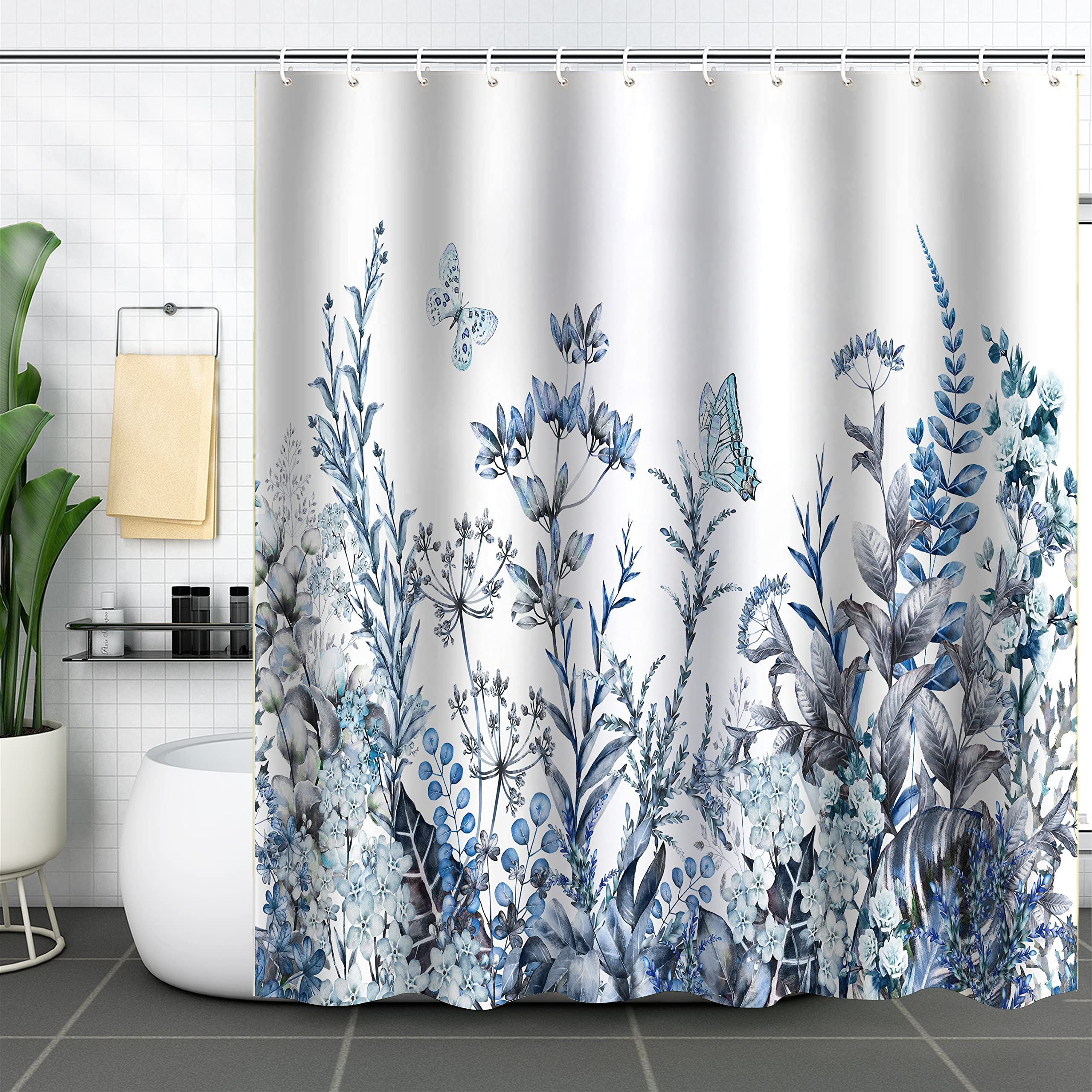WELTRXE Shower Curtain, Bathroom Curtain with 12 Hooks, Waterproof Polyester Fabric Bathtub Curtain, Weighted Hem, Washable, Quick Dry, Mildew & Mold Resistant, Bathroom Decor, 183x183cm, Blue Plant — image 1