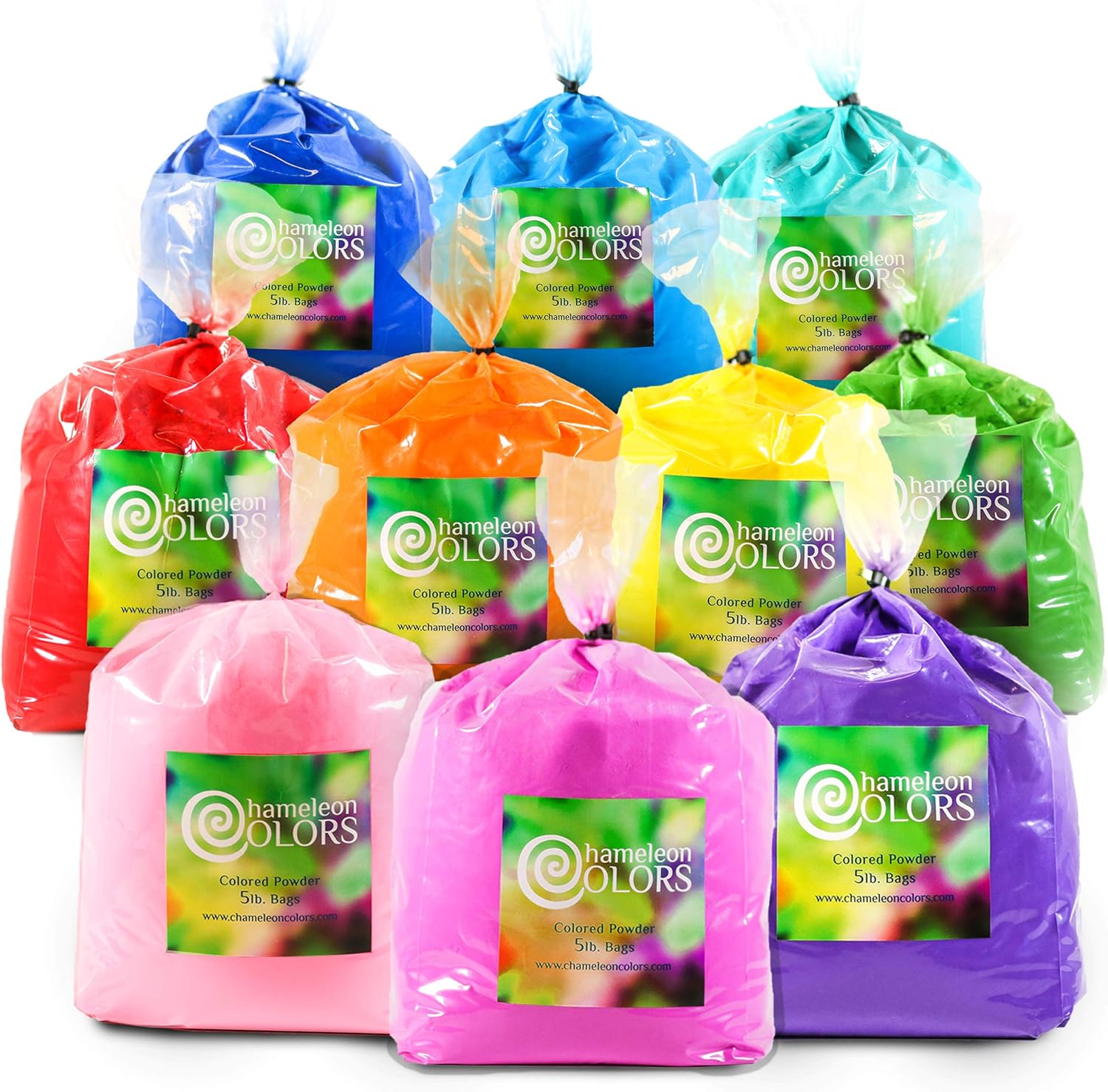 Color Powder for 30-40 People by Chameleon Colors, 50 Pounds, 10 Pack of Colors for Summer Fun, Holi Powder, Red, Yellow, Blue, Orange, Purple, Pink, Navy Blue, Magenta, Aquamarine, and Green Powder