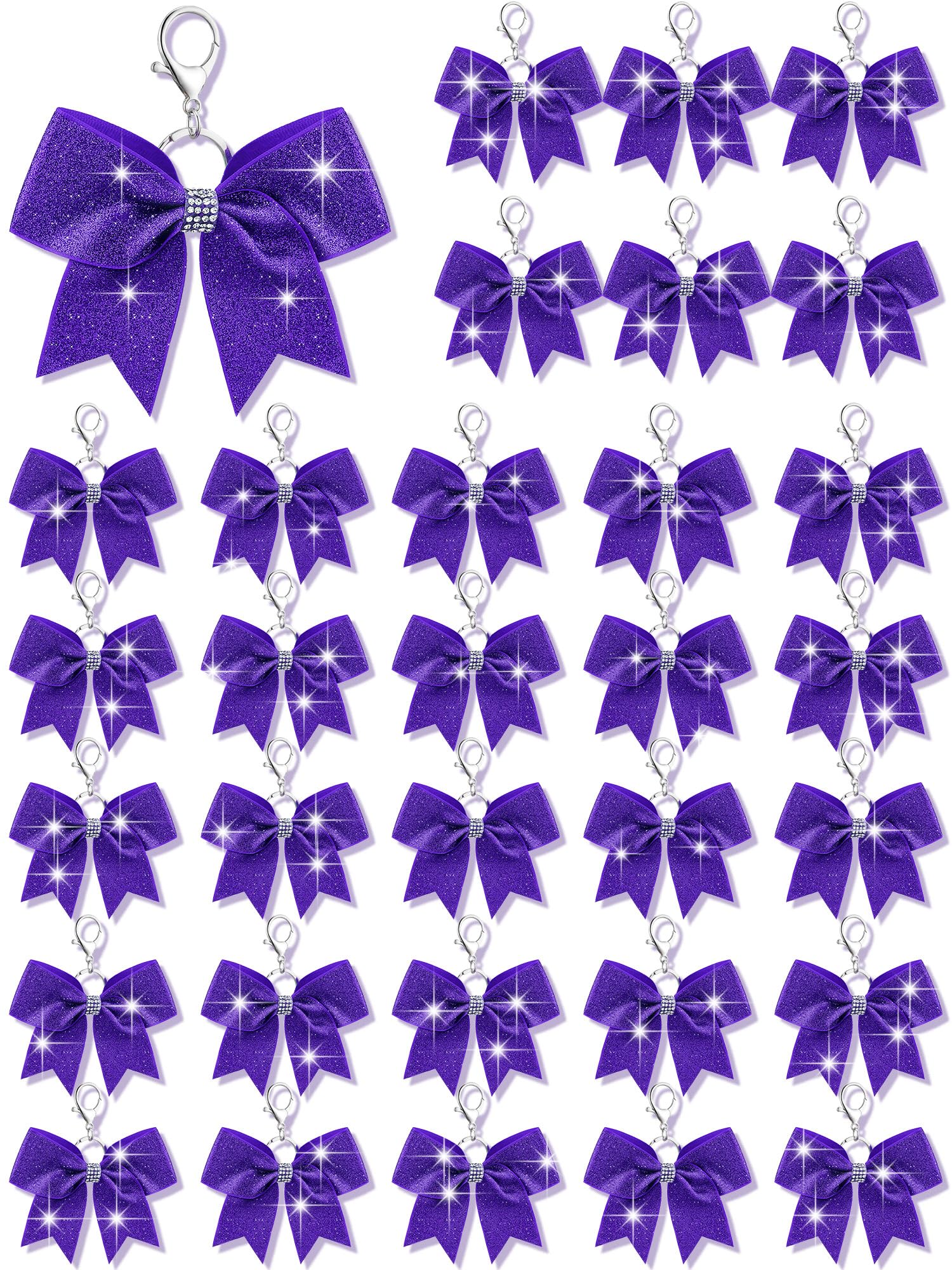 Photo 1 of Tondiamo Cheer Bow Keychain Cheer Keychain with Rhinestones Cheerleader Keyrings for Teen Cheerleading Sports Accessory(Glitter Purple,32 Pcs)